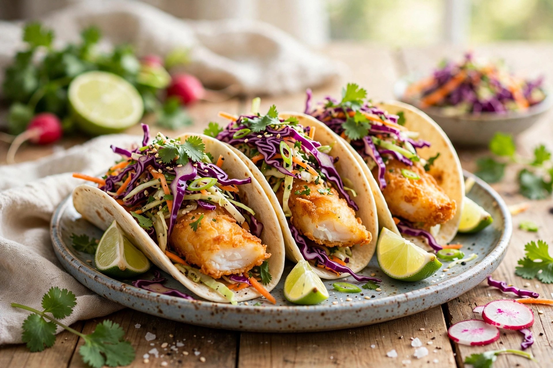 Fish tacos with slaw and lime in soft tortillas