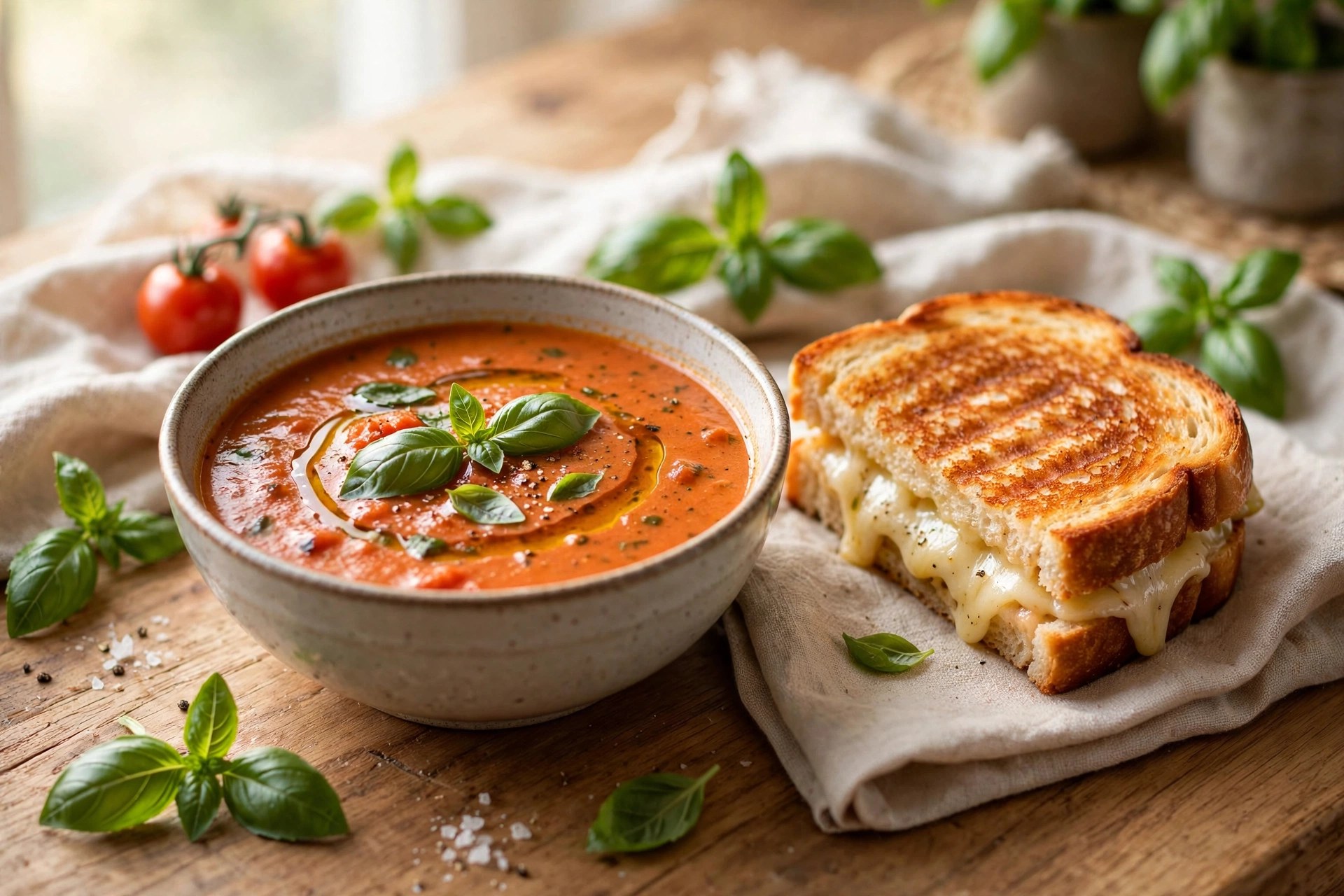 Tomato basil soup with a grilled cheese sandwich