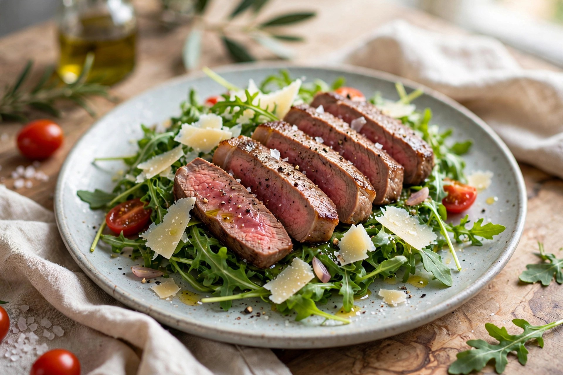 Sliced steak over arugula salad with shaved parmesan