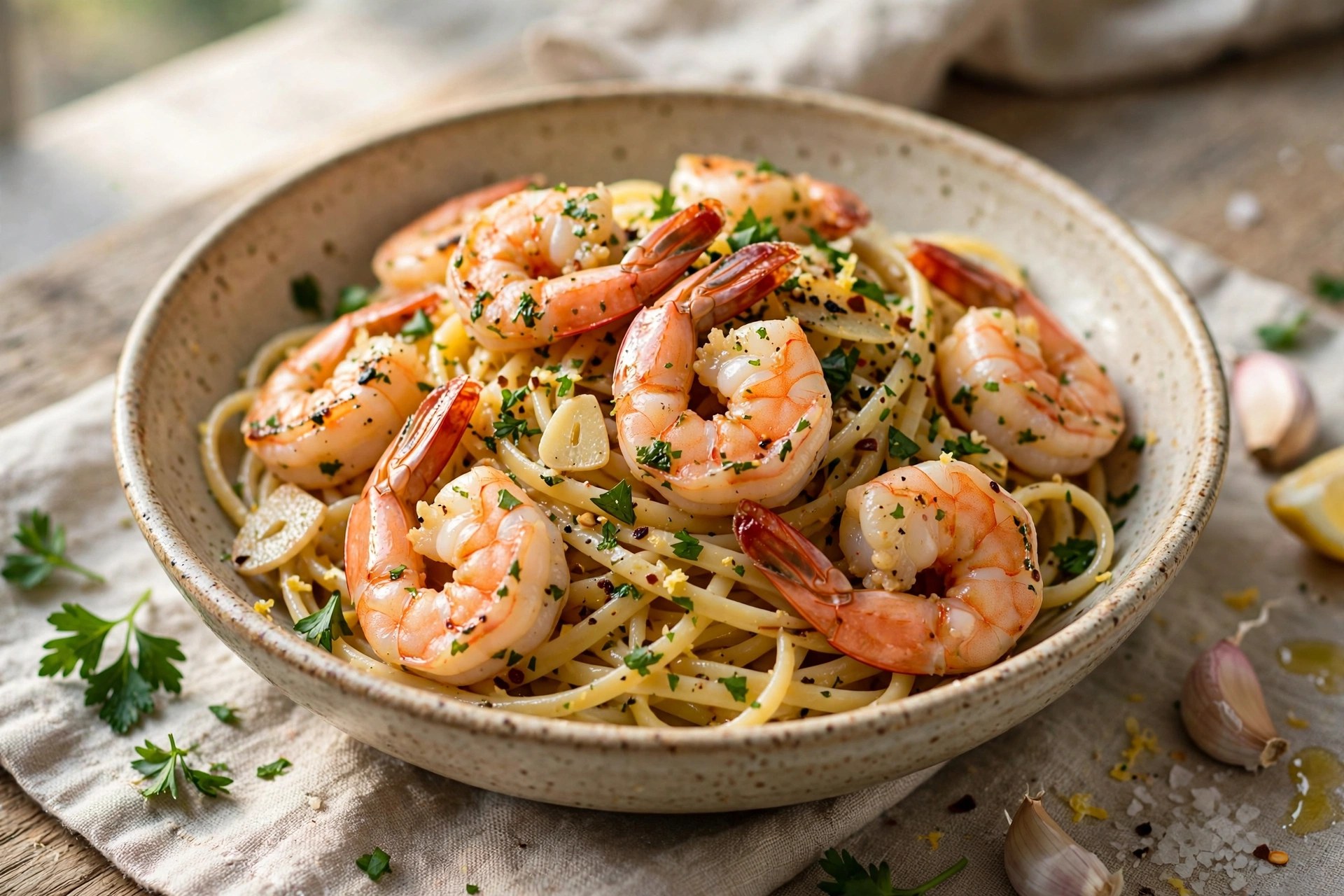 Shrimp scampi pasta with garlic butter and parsley