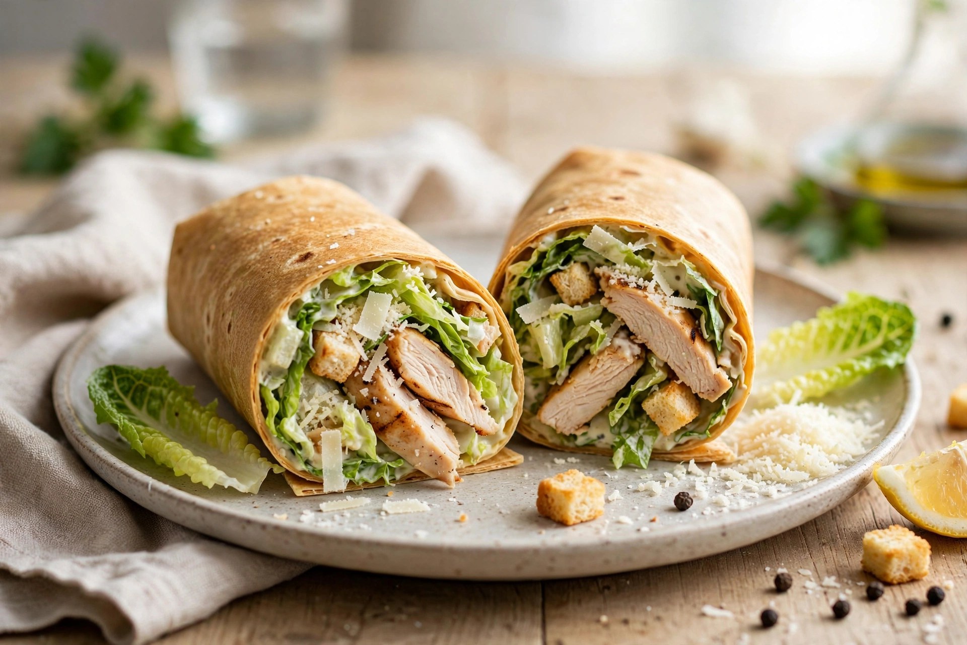 Chicken caesar wraps cut in half showing filling