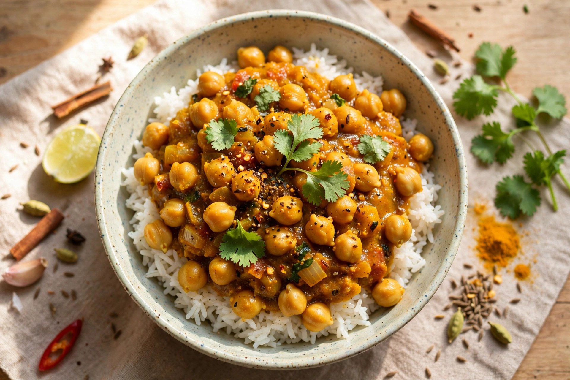 Quick chickpea curry over rice with cilantro