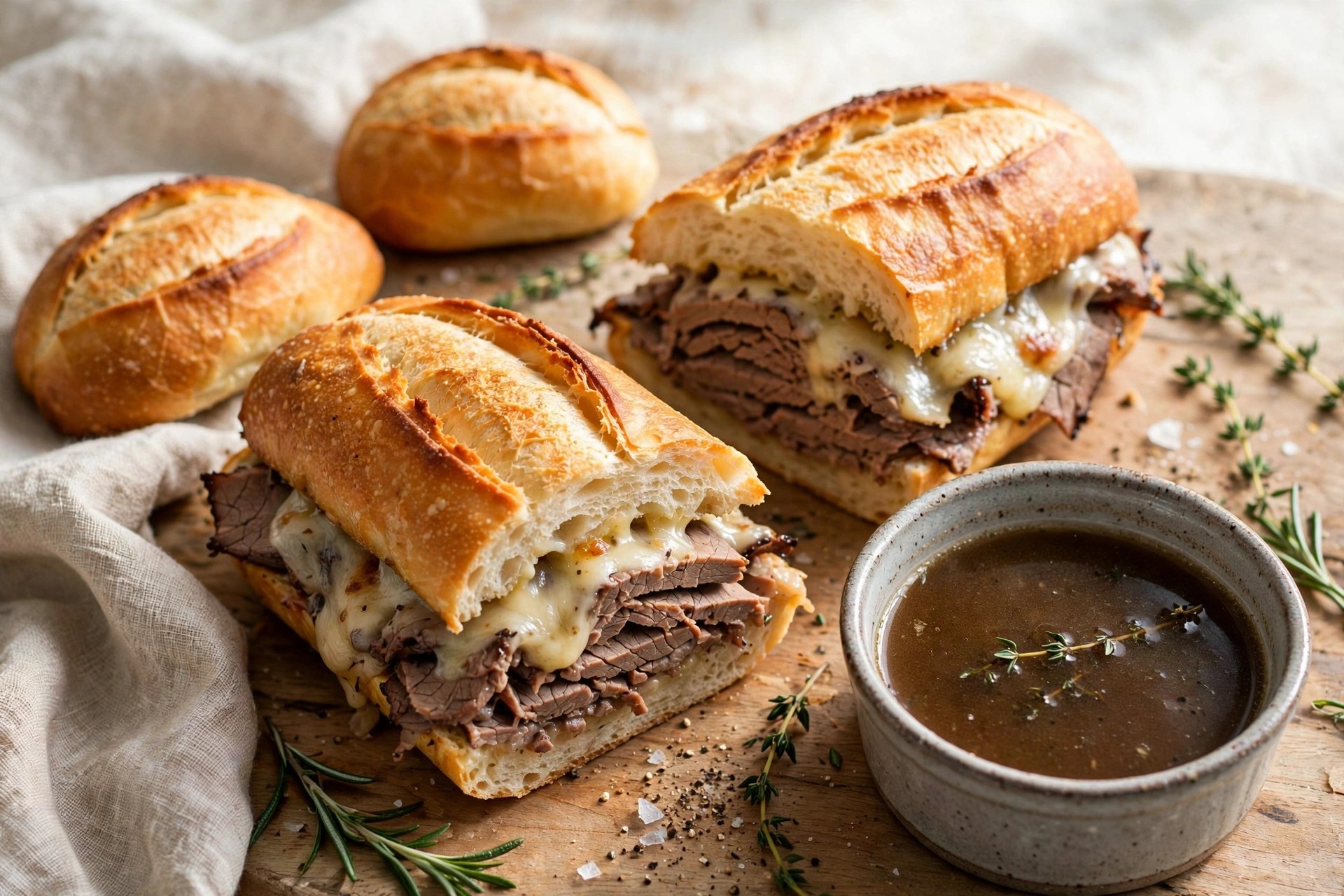 French dip sandwiches with au jus for dipping