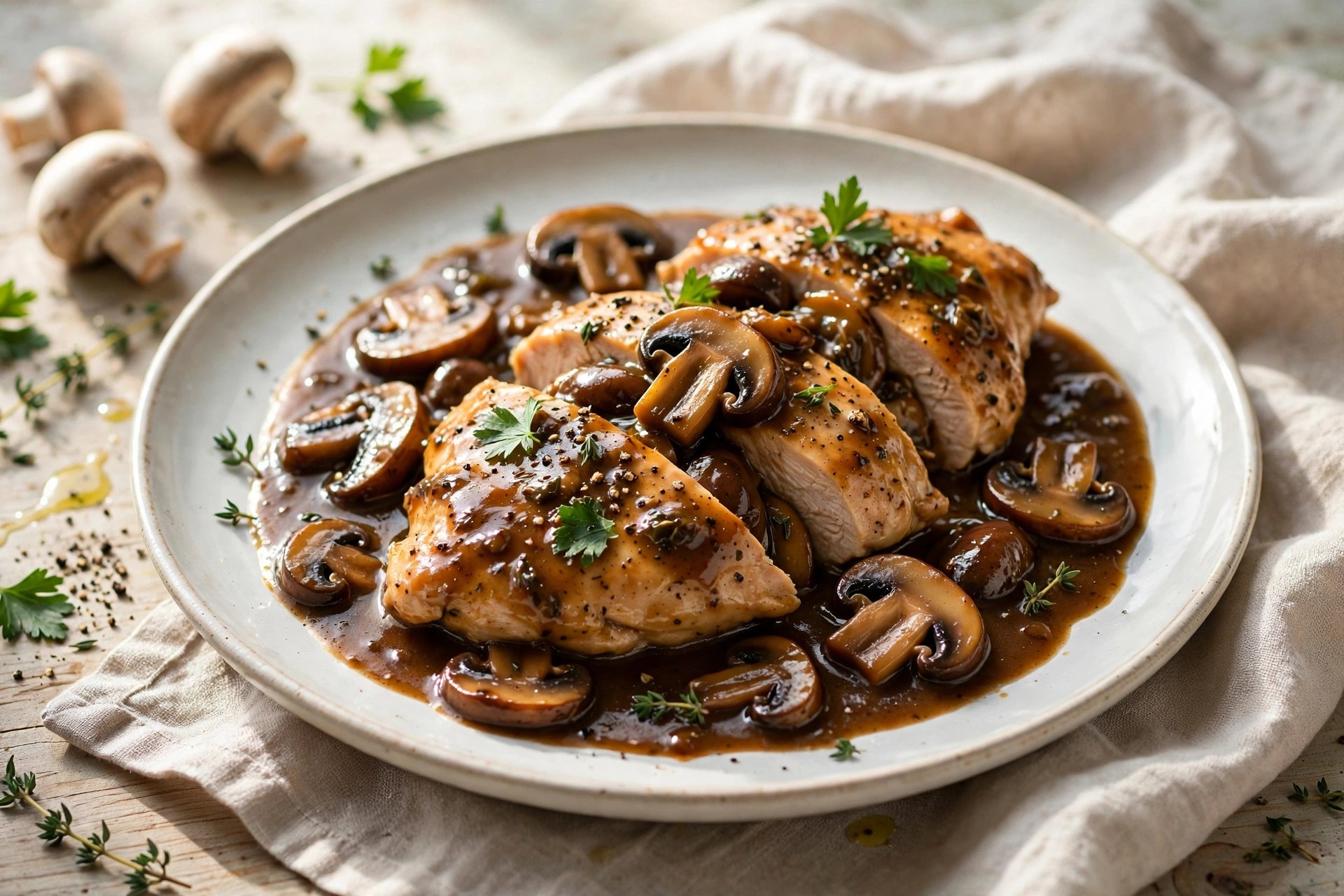 Chicken marsala with mushrooms in savory wine sauce