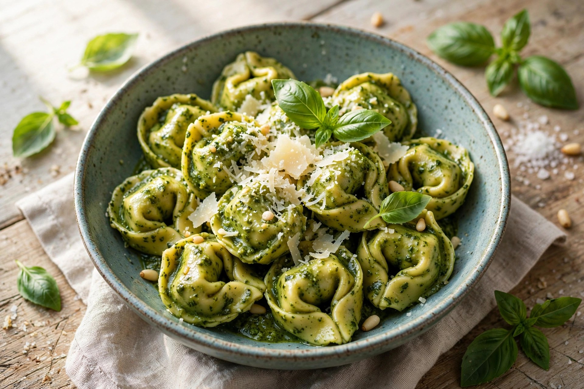 Pesto tortellini with parmesan and basil in a bowl
