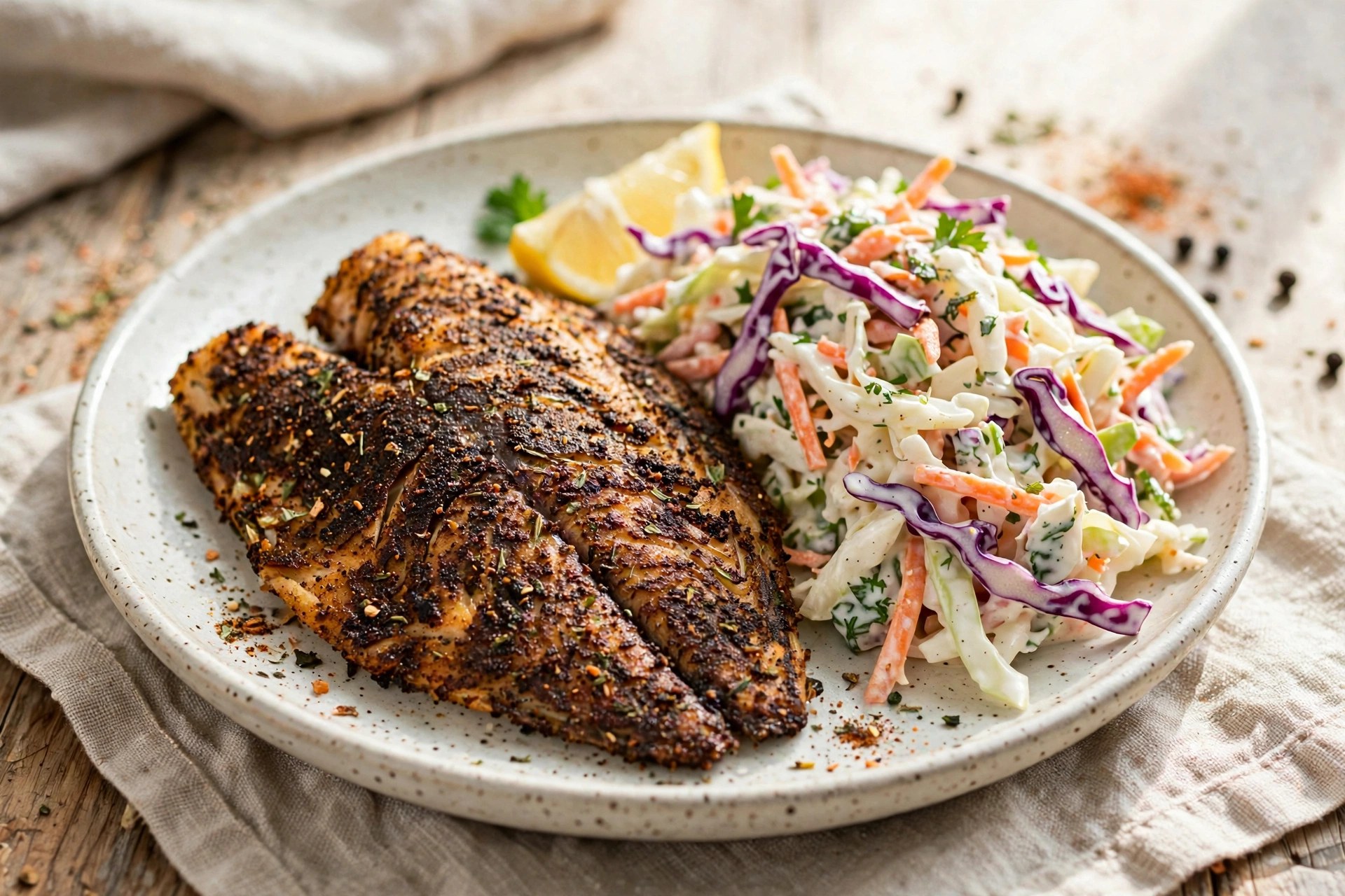Blackened tilapia fillet with creamy slaw