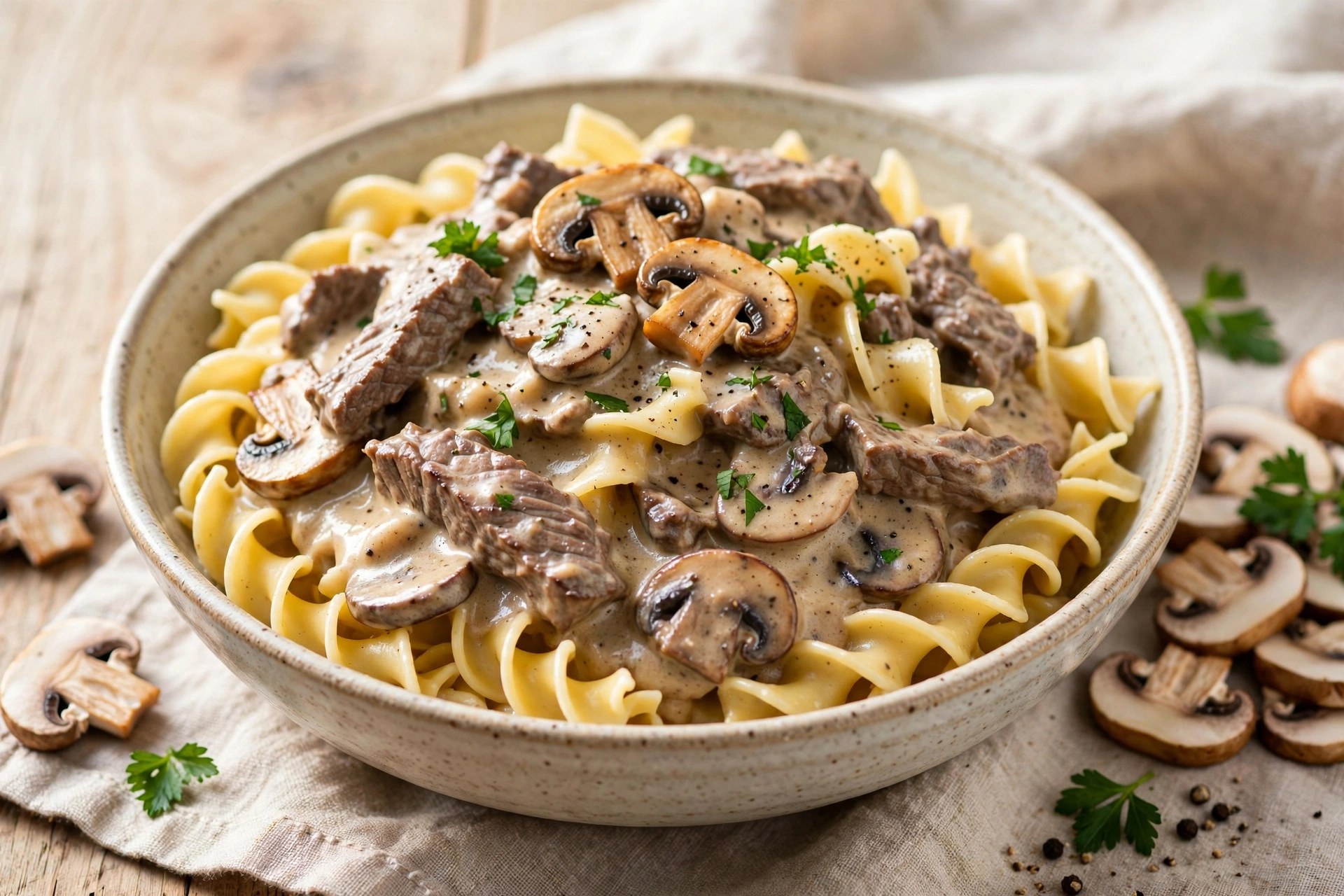Quick beef stroganoff with mushrooms over egg noodles