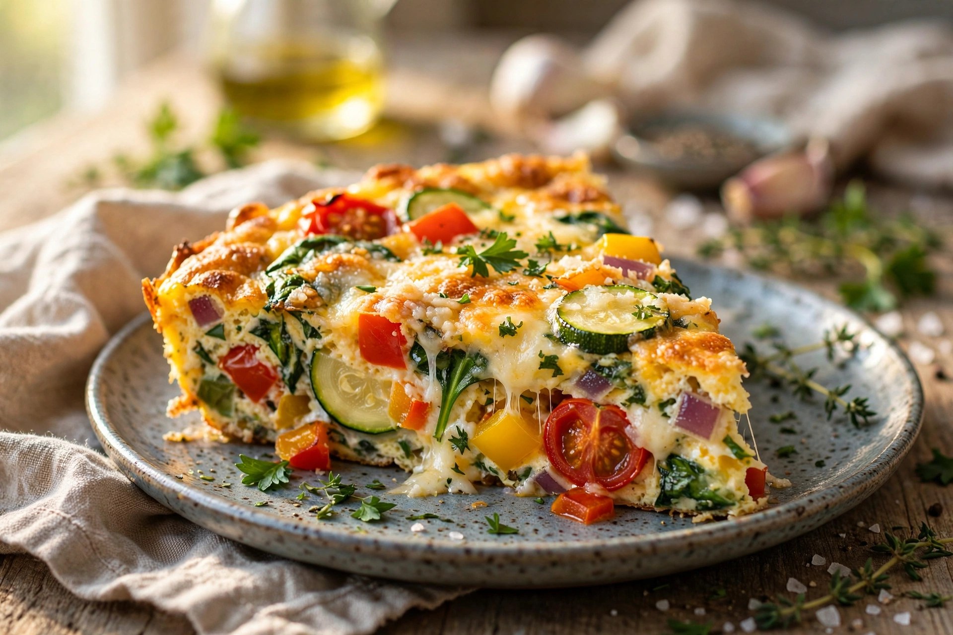 Breakfast-for-dinner frittata slice with vegetables