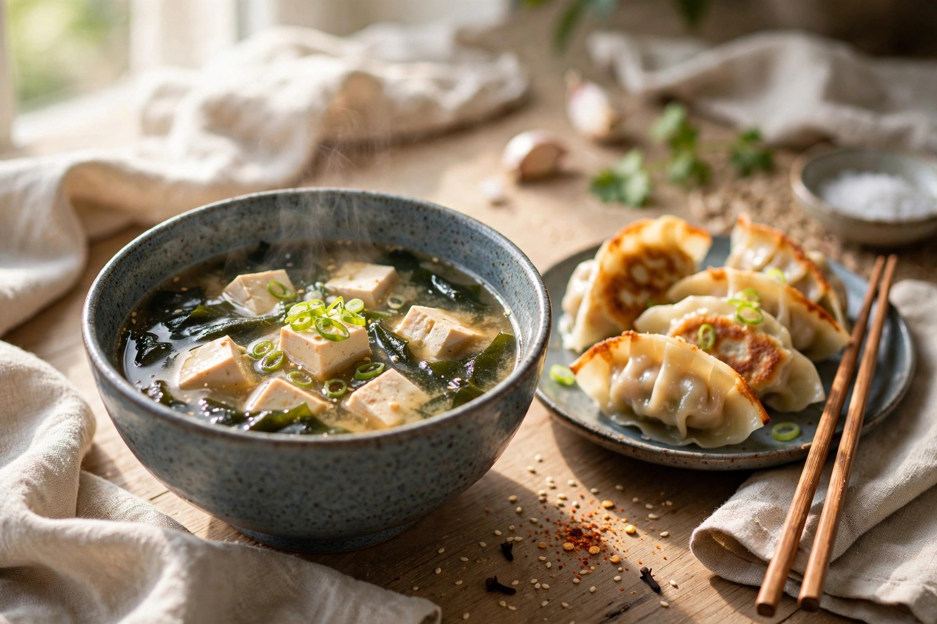 Miso soup with tofu and gyoza dumplings on the side