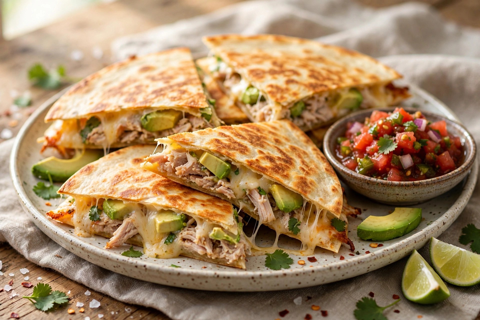 Turkey and avocado quesadillas cut in triangles with salsa