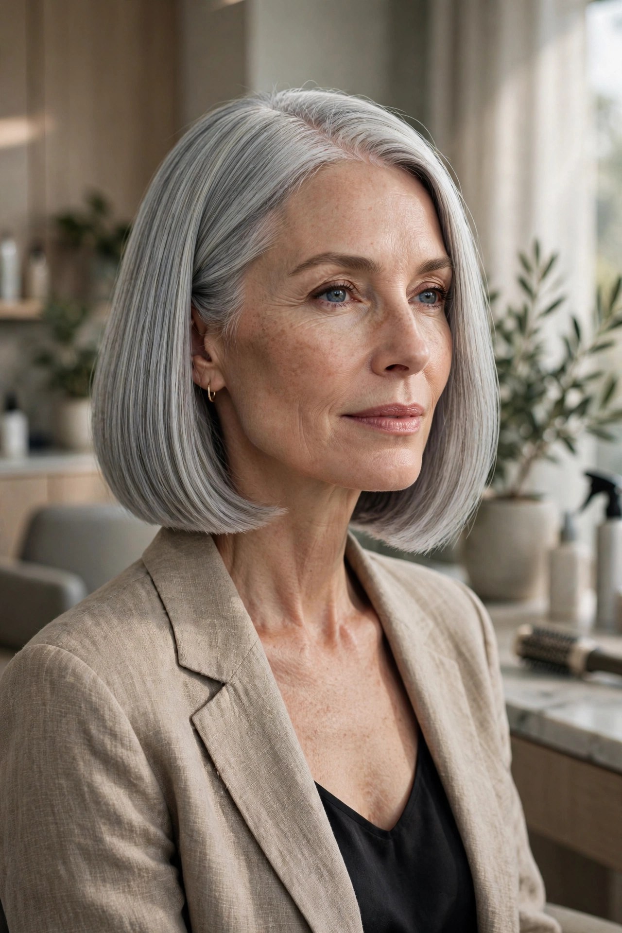 Silver-gray blunt chin-length bob with a thick solid perimeter, woman in her 50s