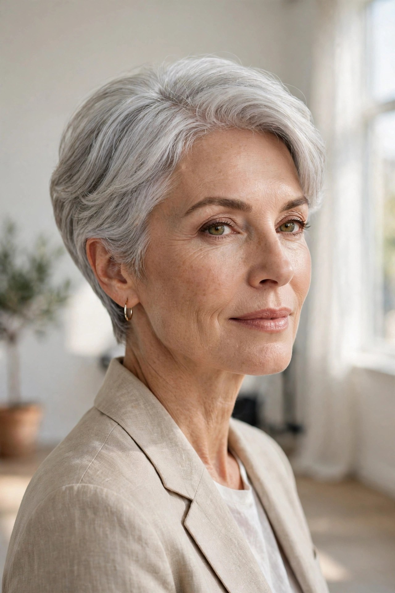 Soft rounded silver pixie with gentle curved shape, woman in her 50s