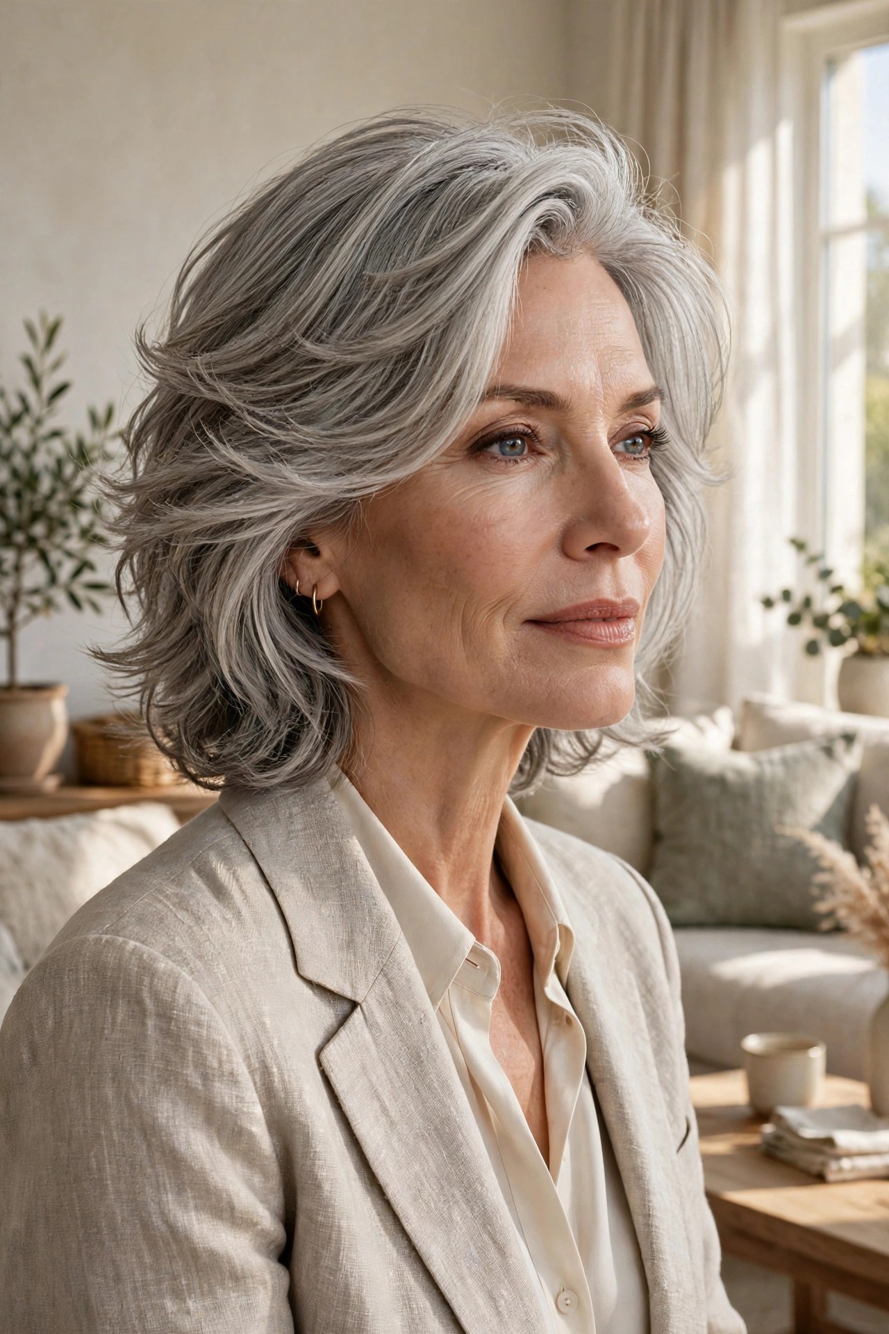 Feathered silver midi cut with airy layers and side volume, woman in her 50s