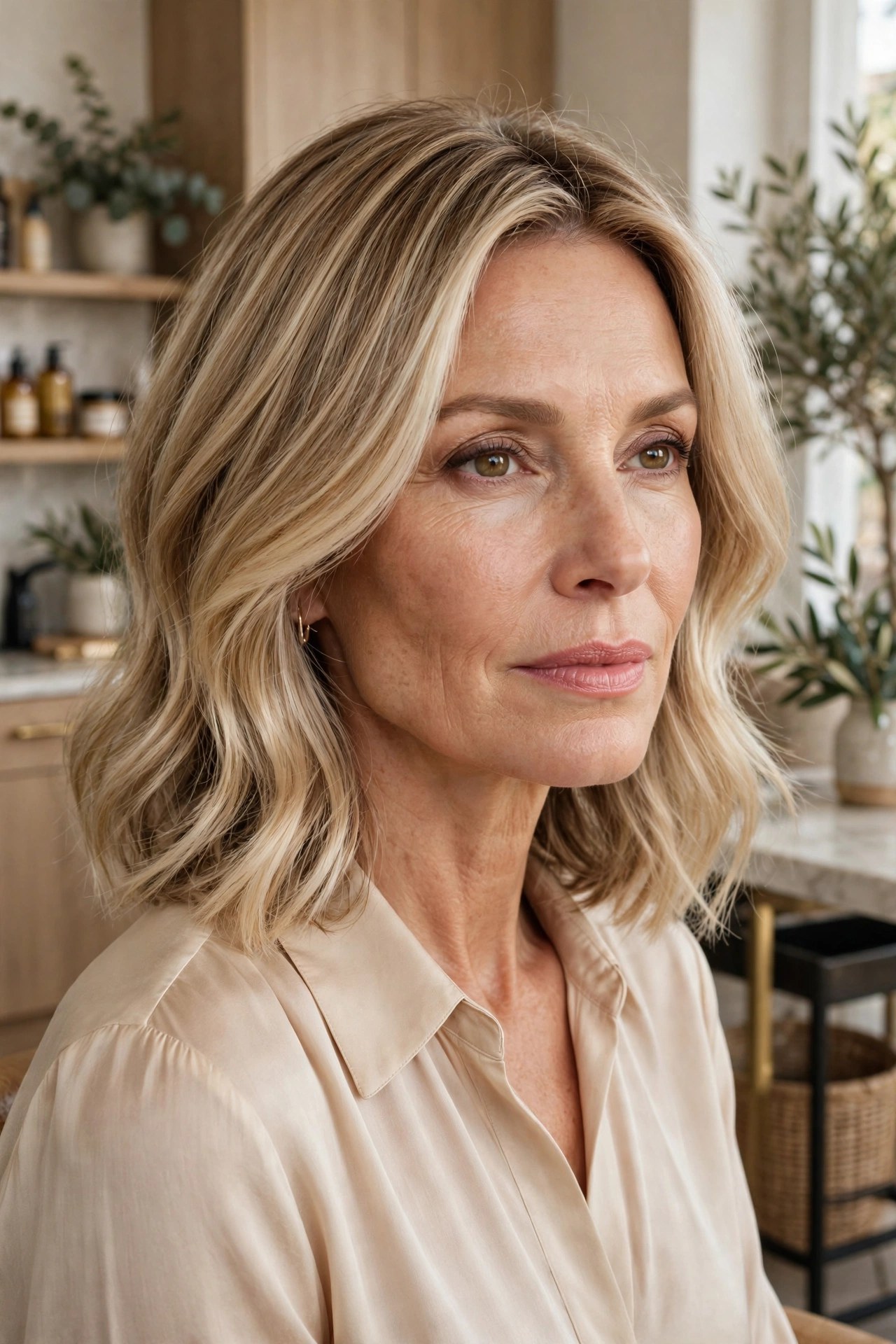 Champagne blonde balayage collarbone lob, woman in her 50s