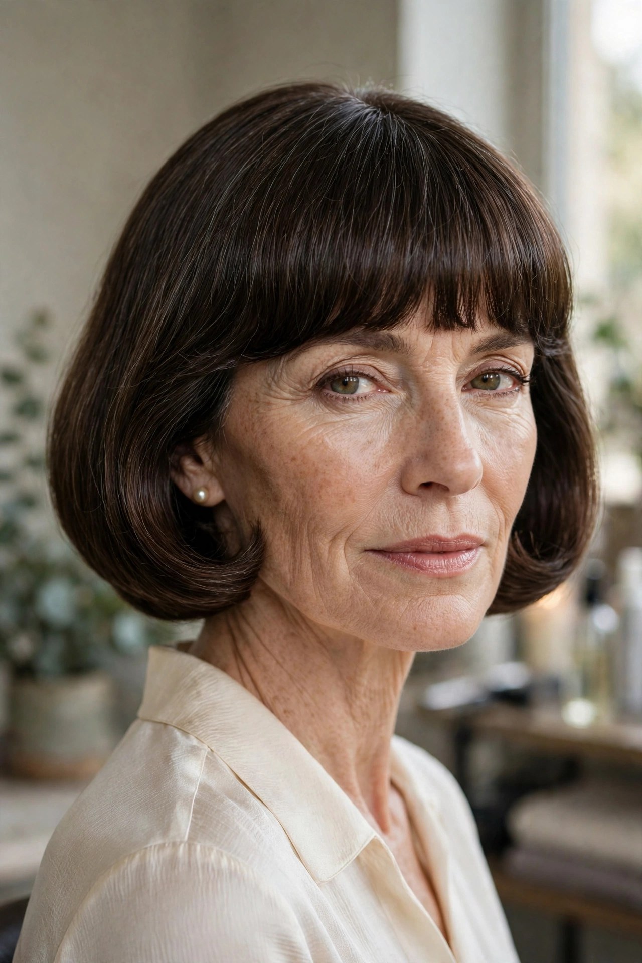 Classic pageboy haircut with rounded shape and full fringe, woman in her 50s
