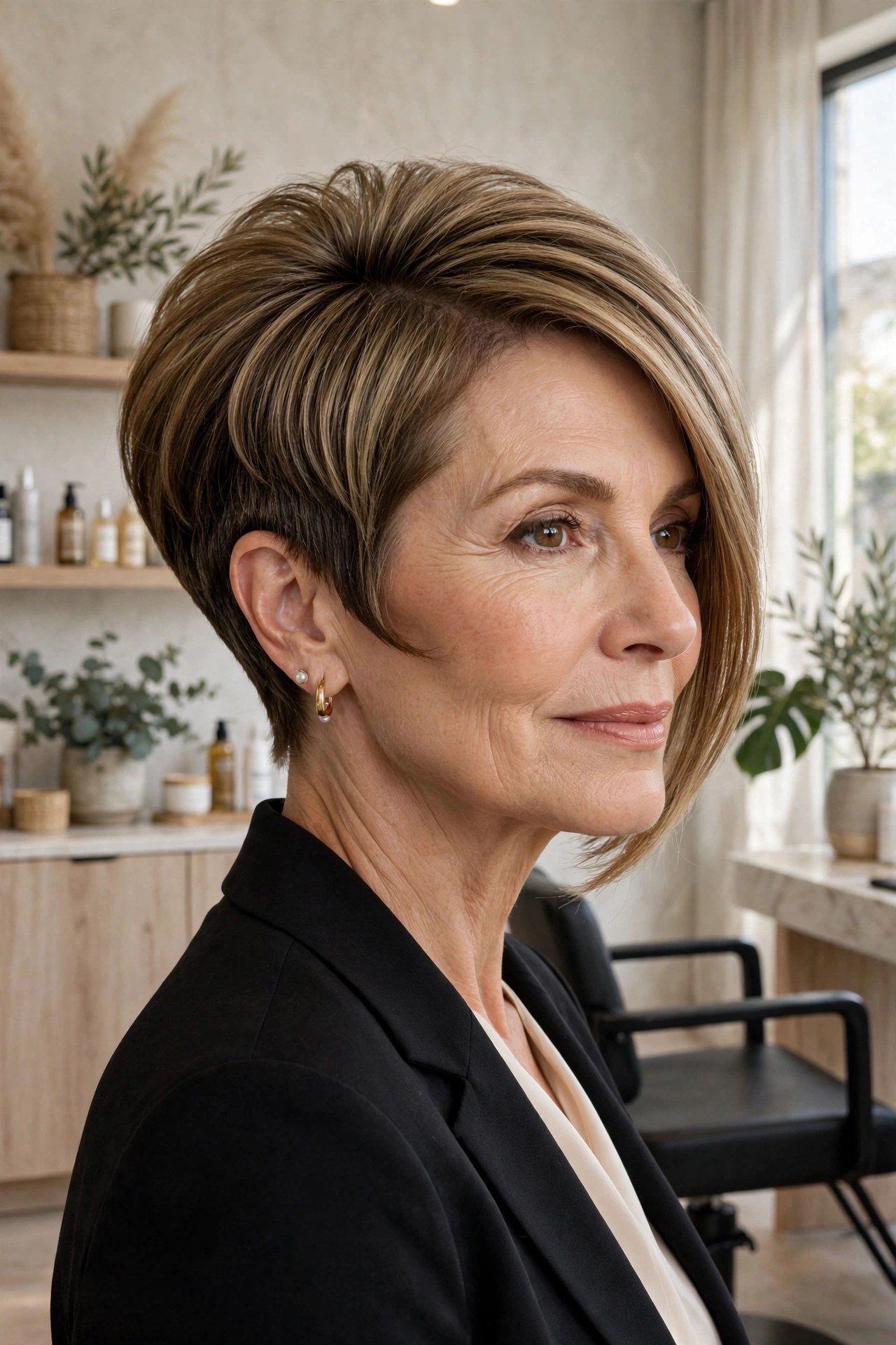 Wedge haircut with stacked crown lift, woman in her 50s