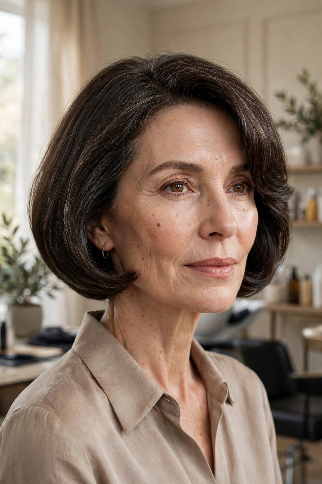 Soft cup cut bob framing the face, woman in her 50s