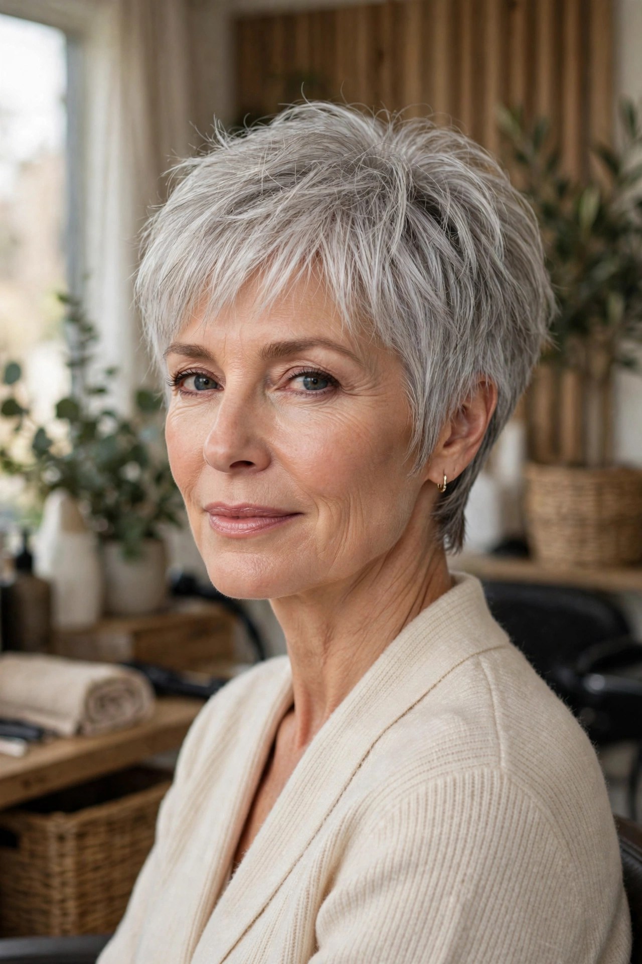 Short silver shag with tapered nape, woman in her 50s