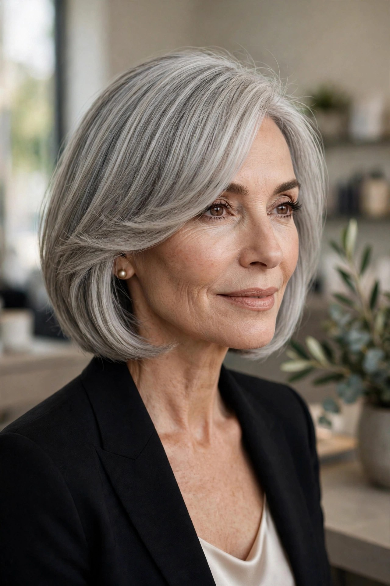 Side-swept silver bob with long sweeping fringe, woman in her 50s
