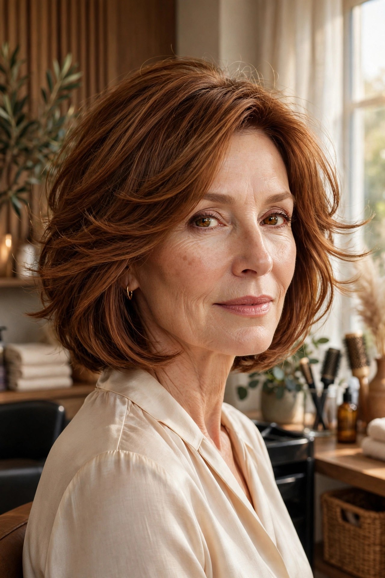 Warm auburn layered bob with soft movement, woman in her 50s