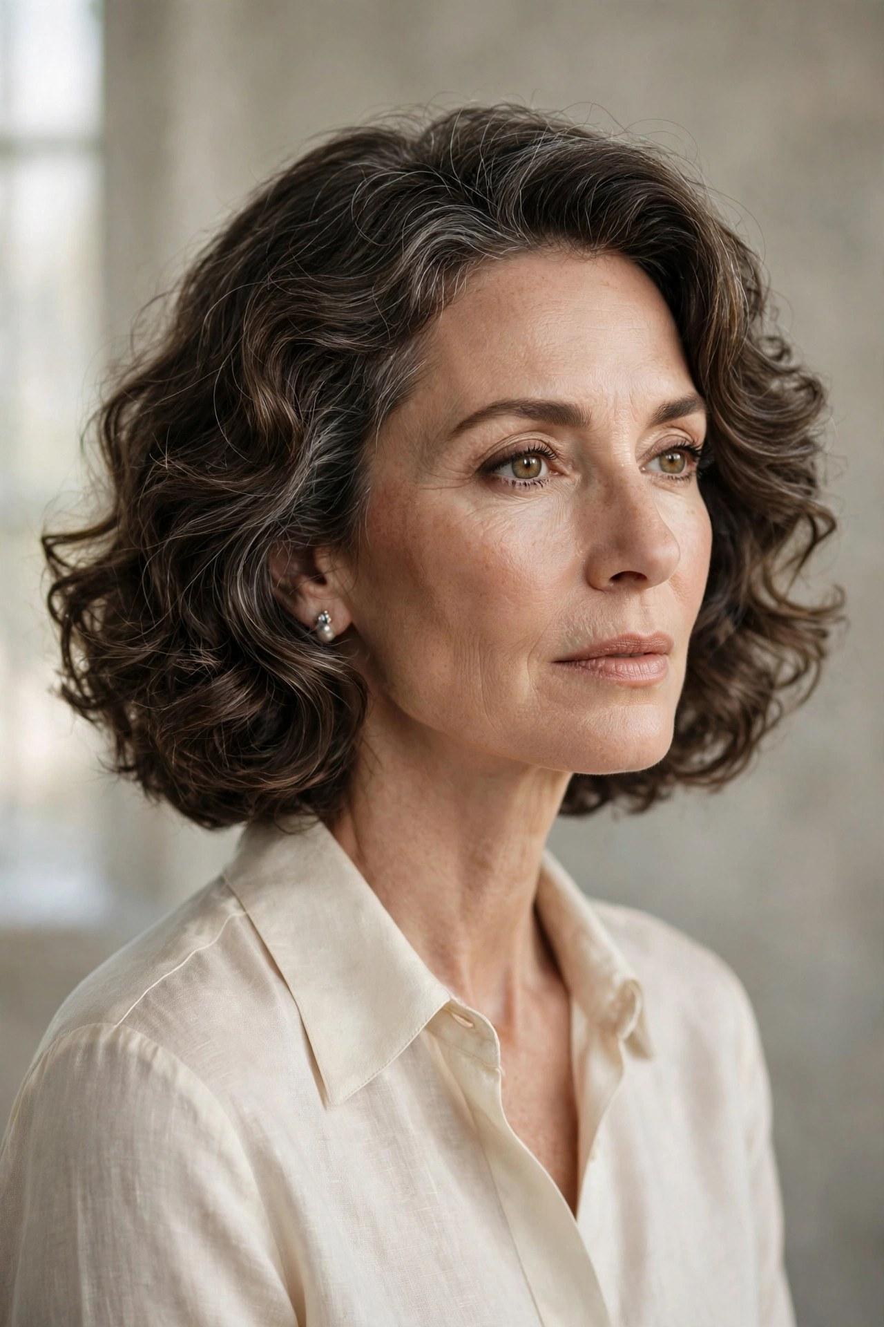 Mid-length bob with soft defined curls and body, woman in her 50s