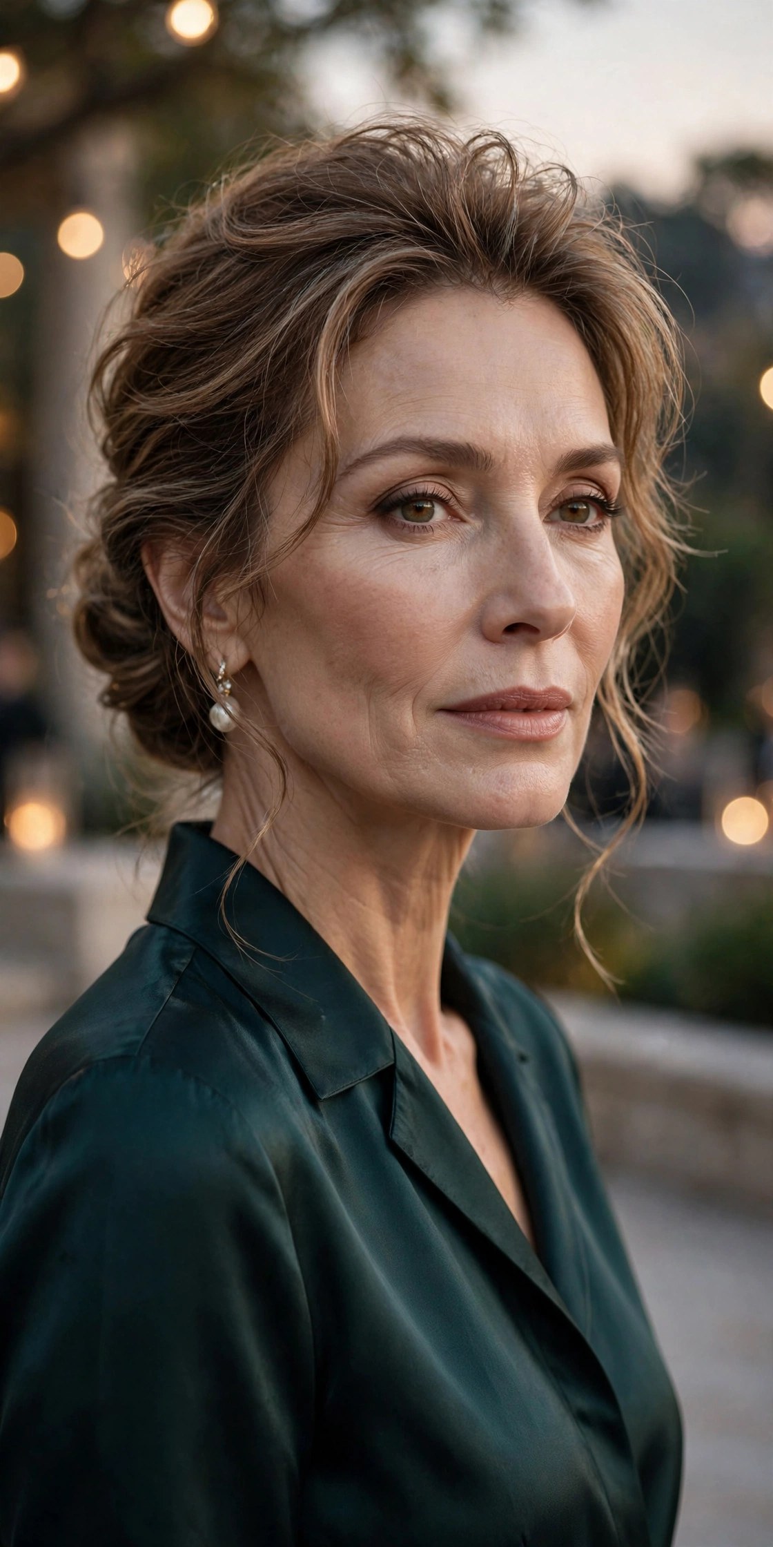 Low chignon updo with teased crown volume, woman in her 50s