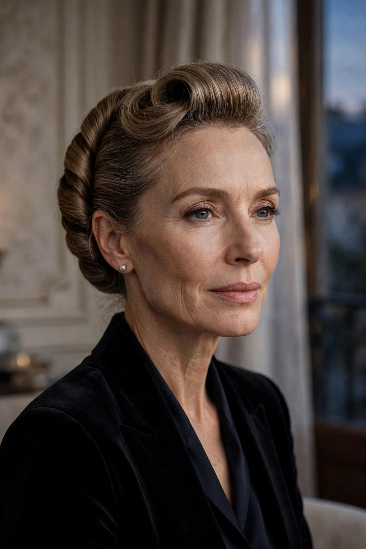 Classic French twist updo on fine hair with soft volume, woman in her 50s