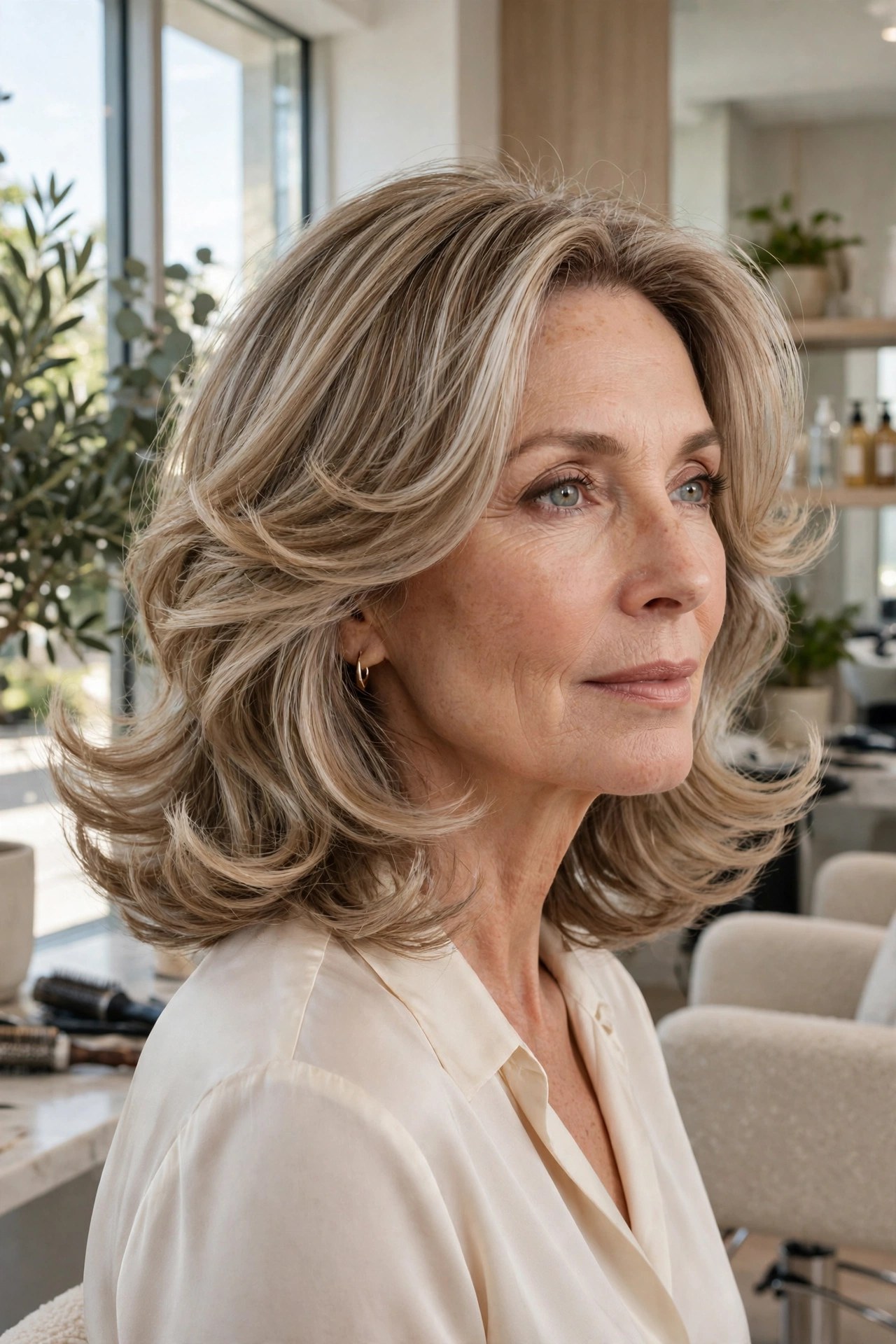 Layered midi haircut with bouncy flipped ends, woman in her 50s