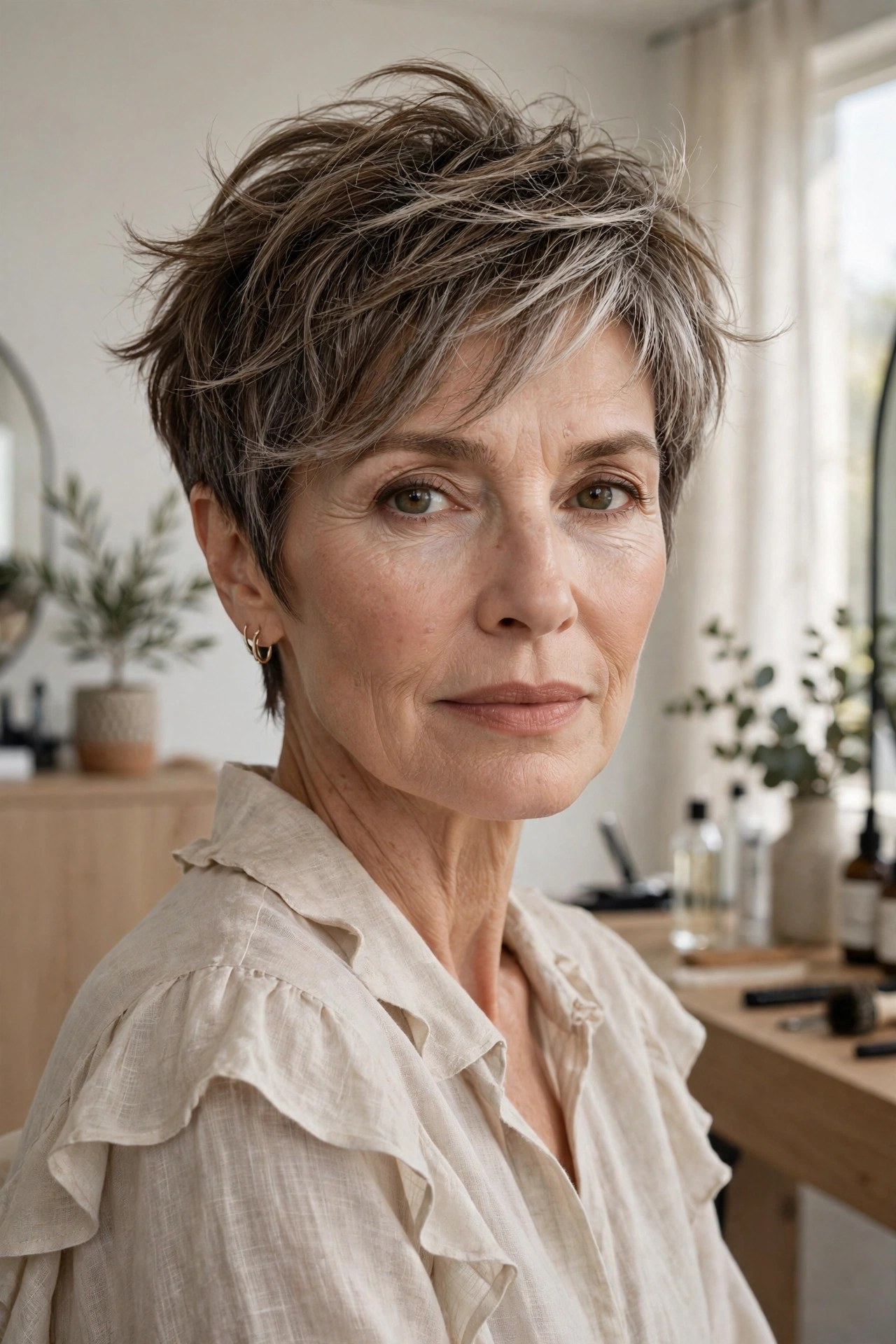Wispy pixie-bob with airy separated pieces, woman in her 50s