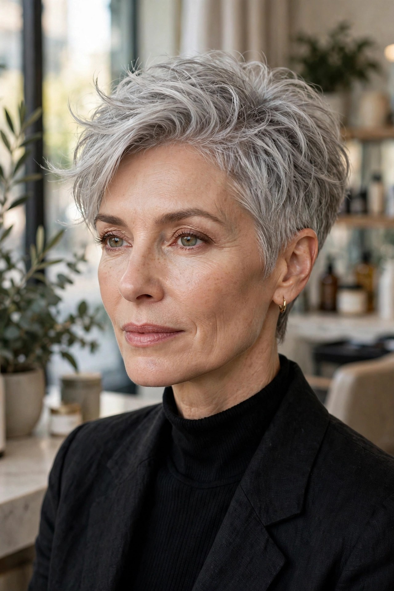 Textured silver crop with short airy layers, woman in her 50s