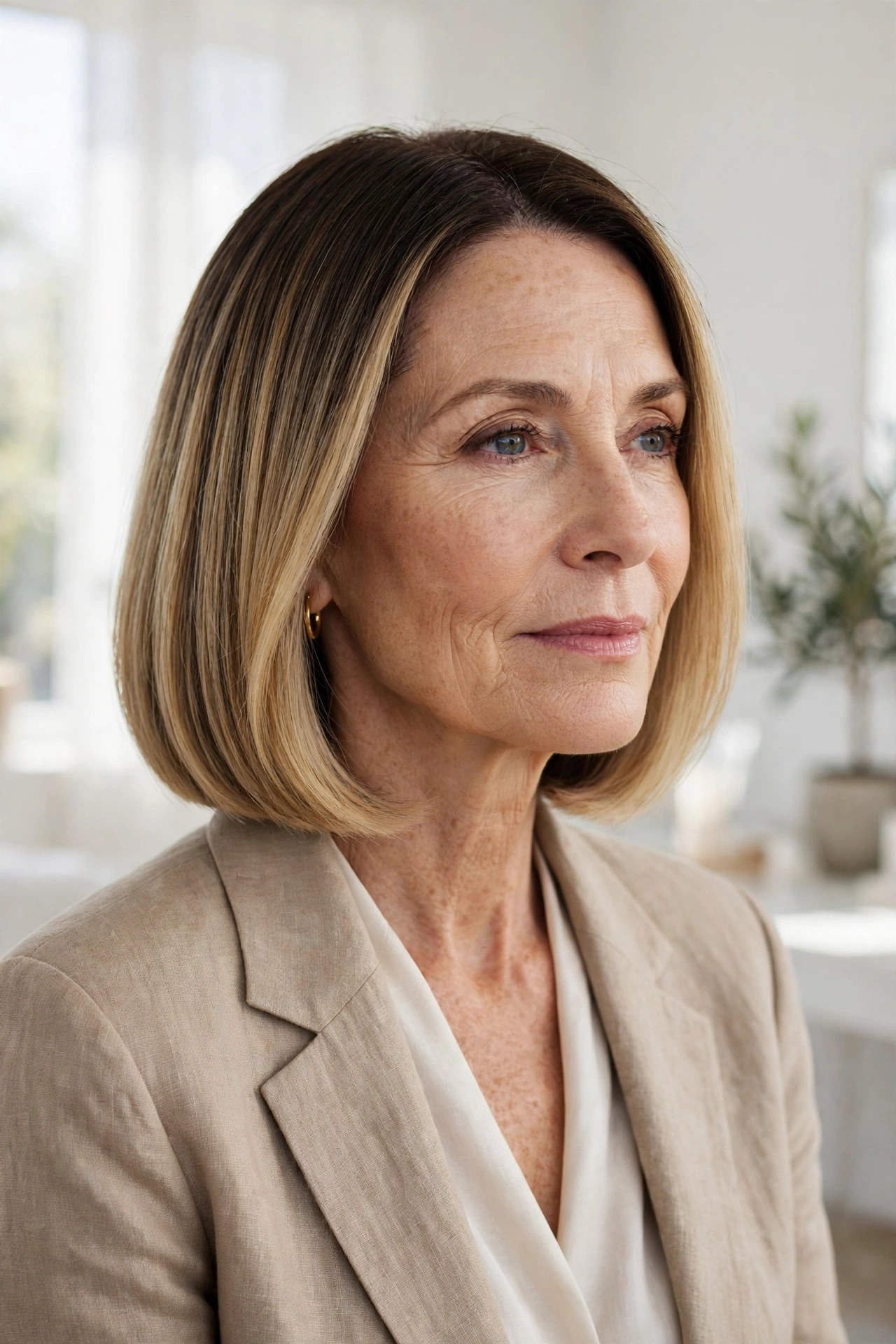 Soft blunt bob with subtle root shadow color, woman in her 50s