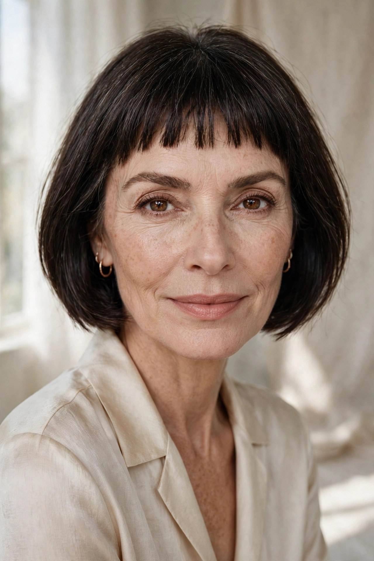 Chin-length bob with playful short baby bangs, woman in her 50s