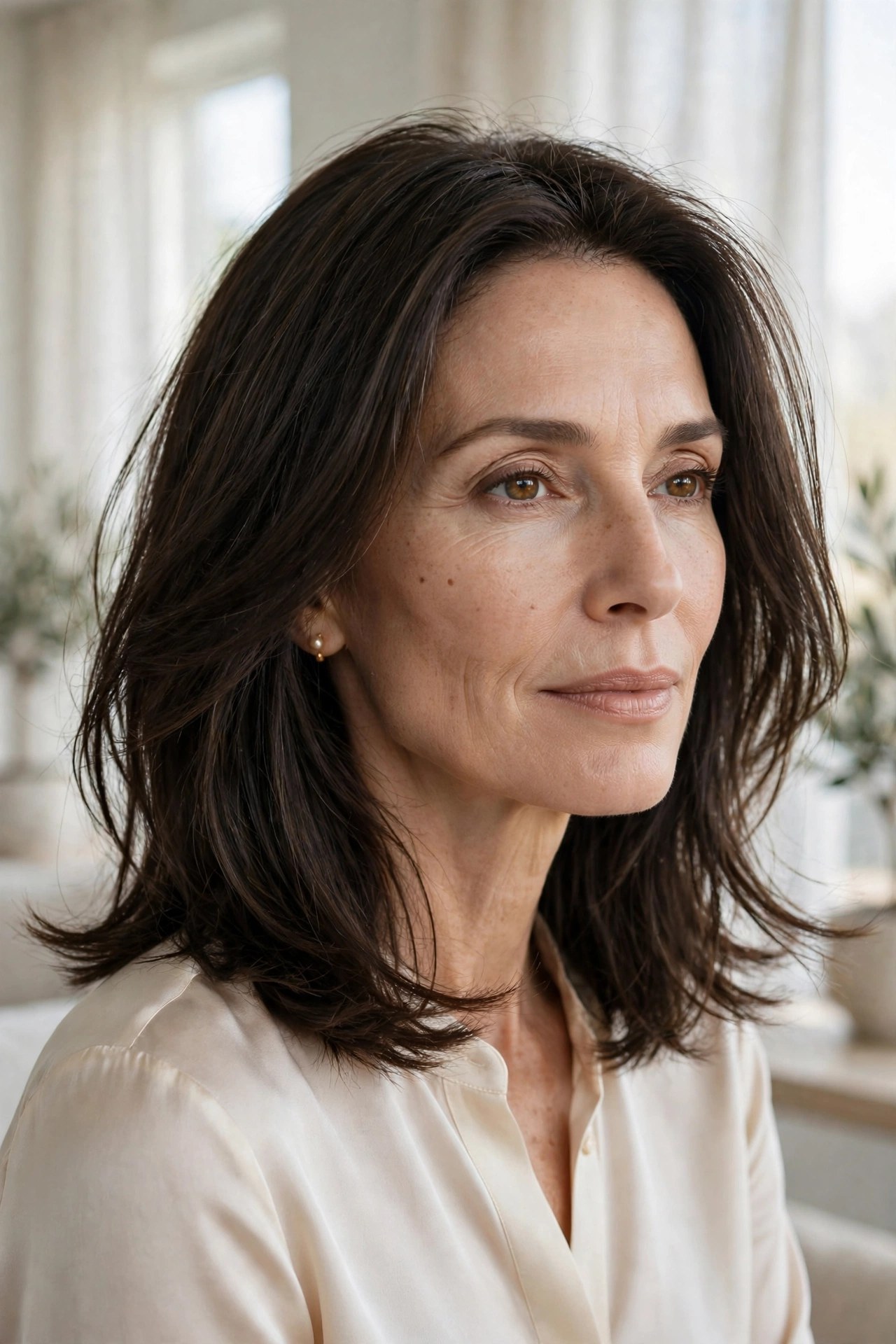 Shoulder-length cut with invisible interior layers, woman in her 50s