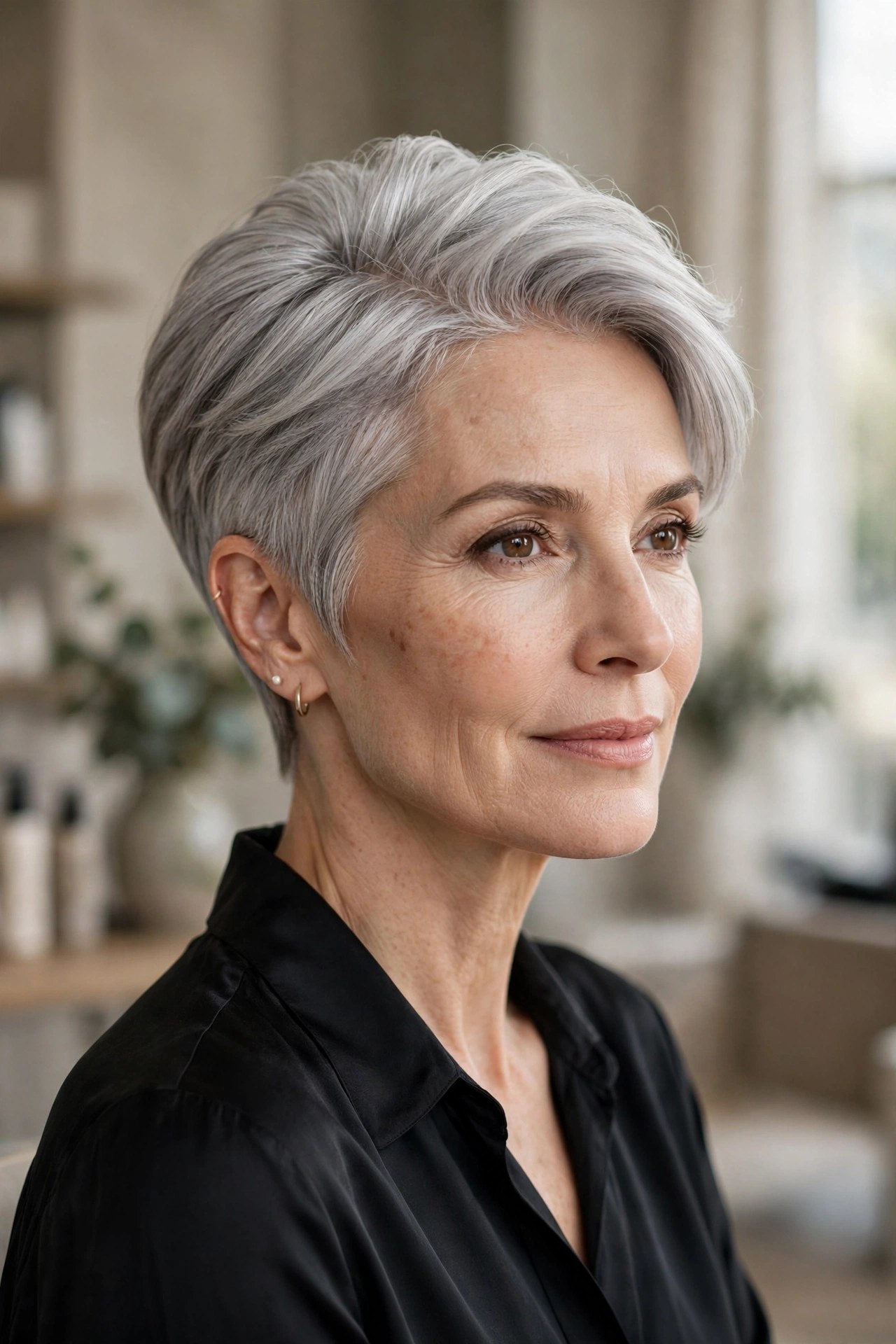 Elegant side-parted silver pixie with luminous shine, woman in her 50s