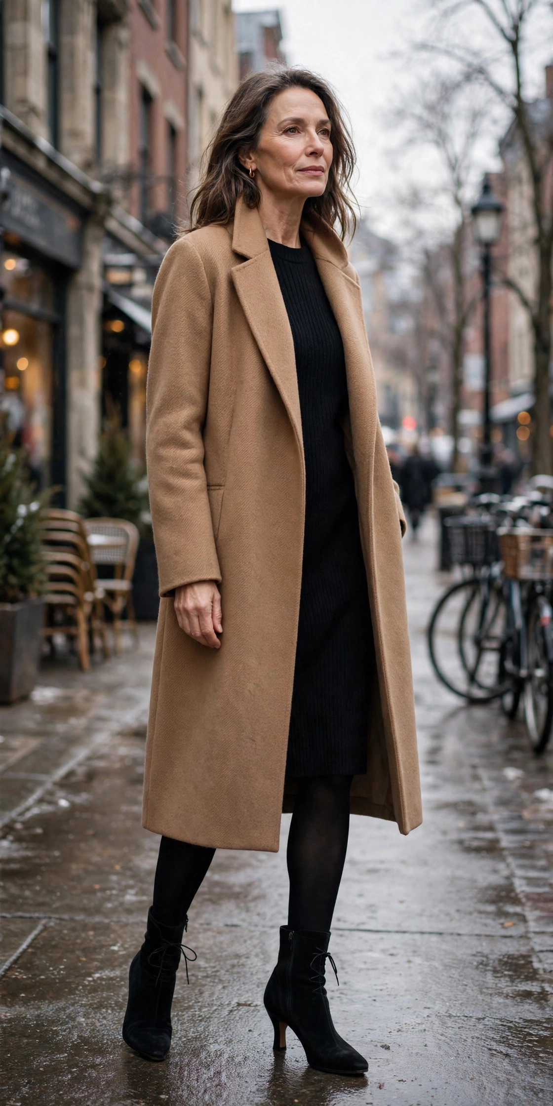 Woman over 50 in long camel wool coat over black sweater dress