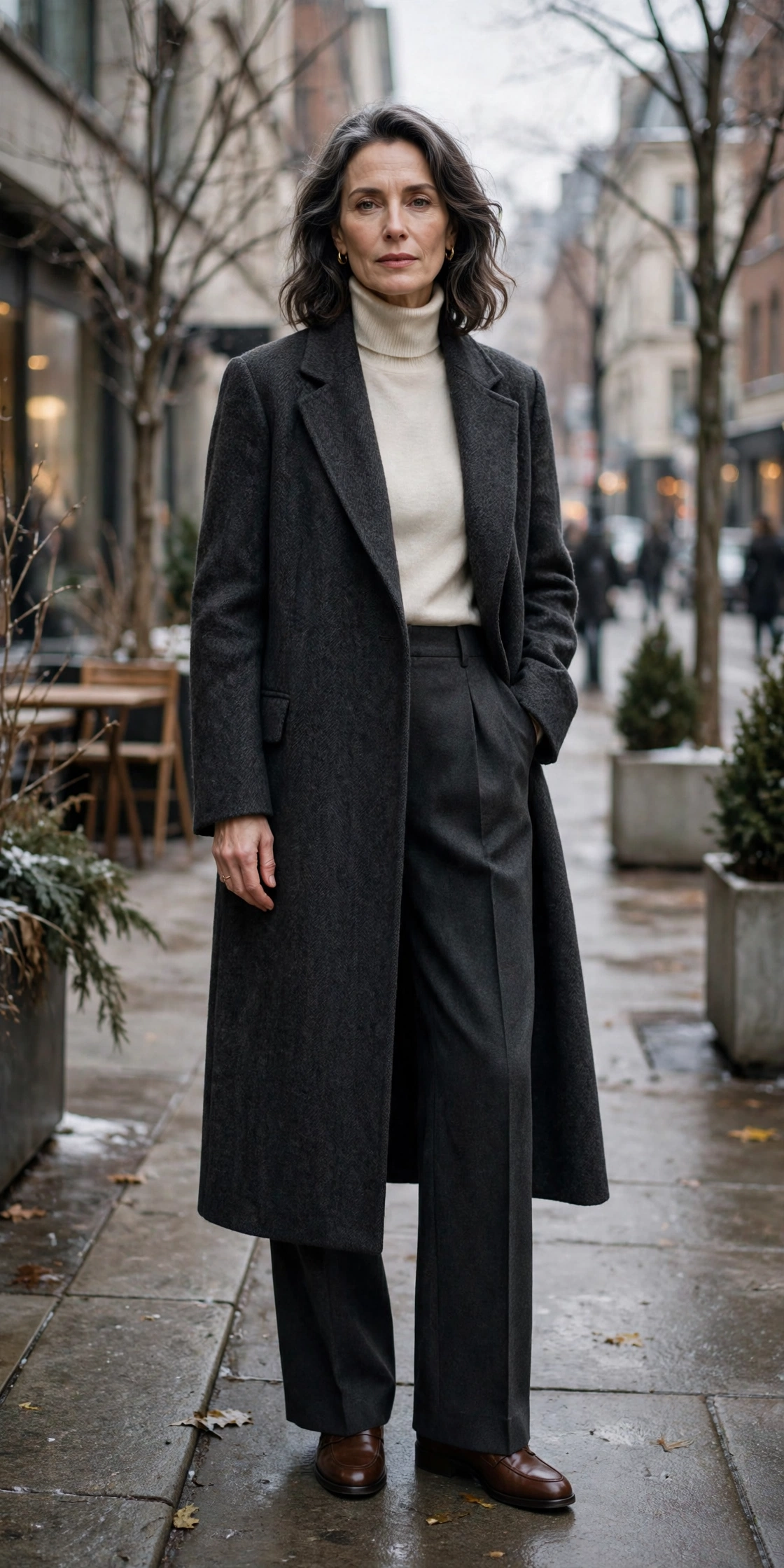 Woman over 50 in long charcoal wool coat with wide leg trousers tonal outfit