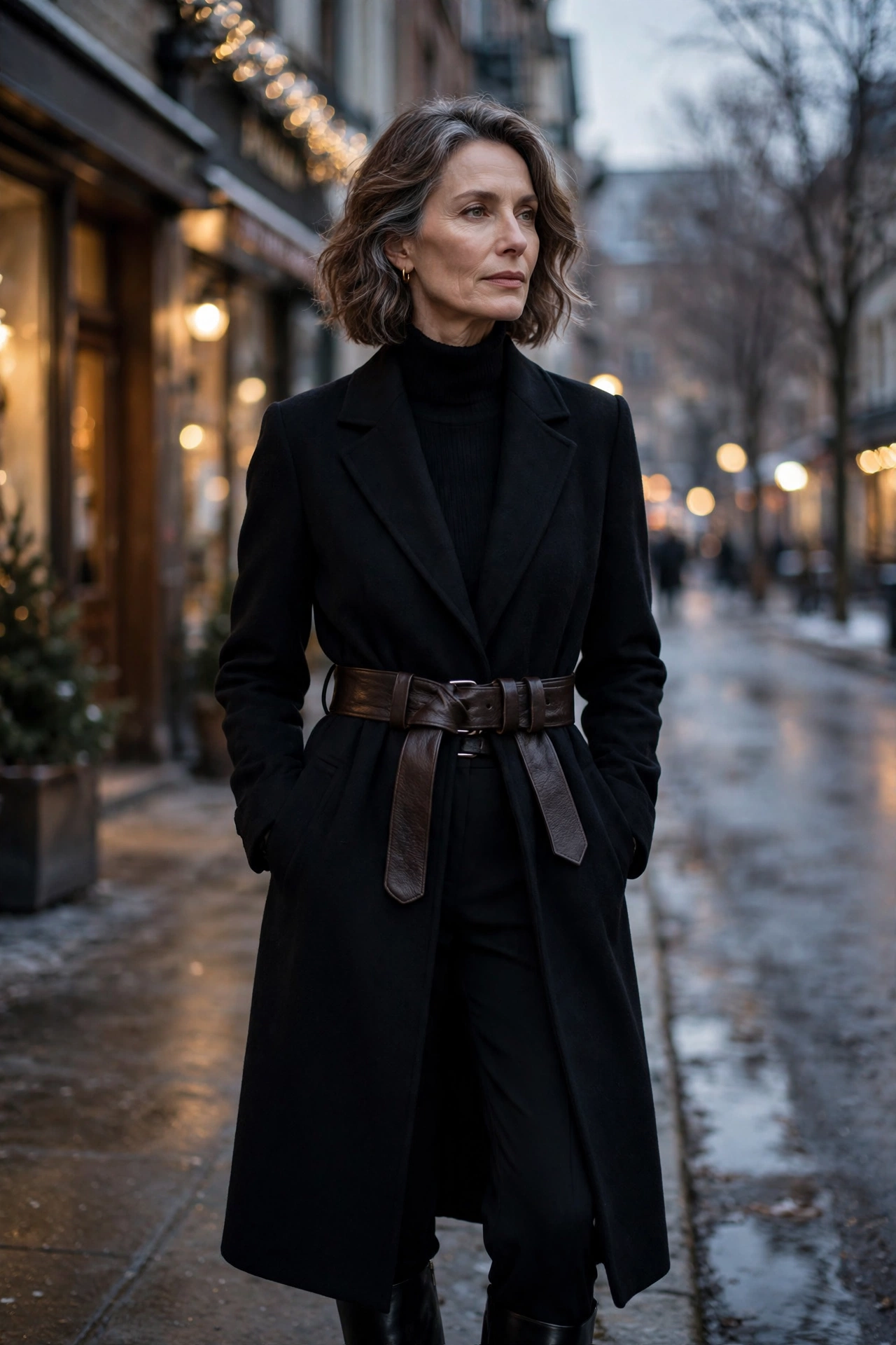 Woman over 50 in long black wool coat belted over all black outfit