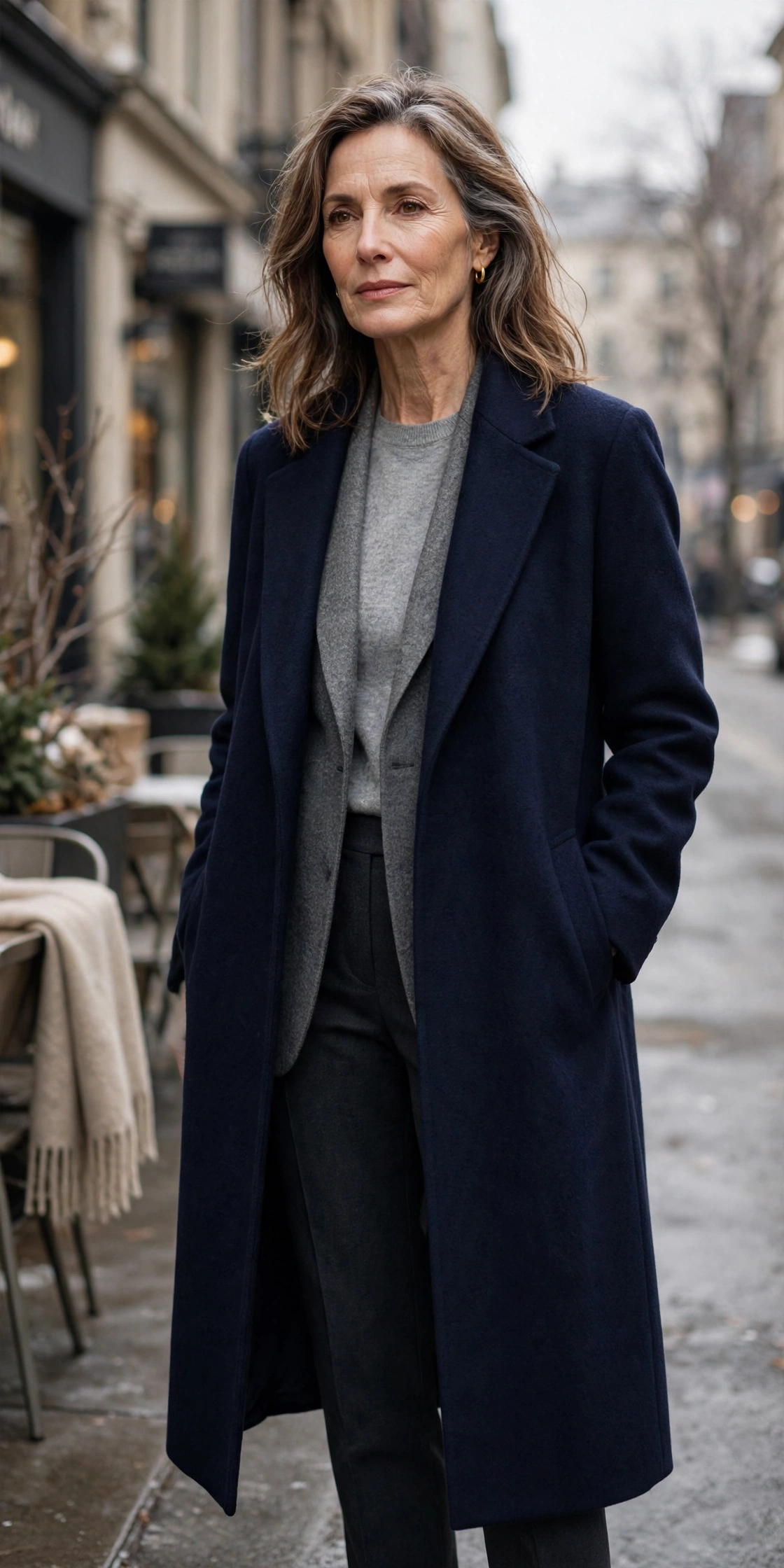 Woman over 50 in long navy wool coat open over gray blazer