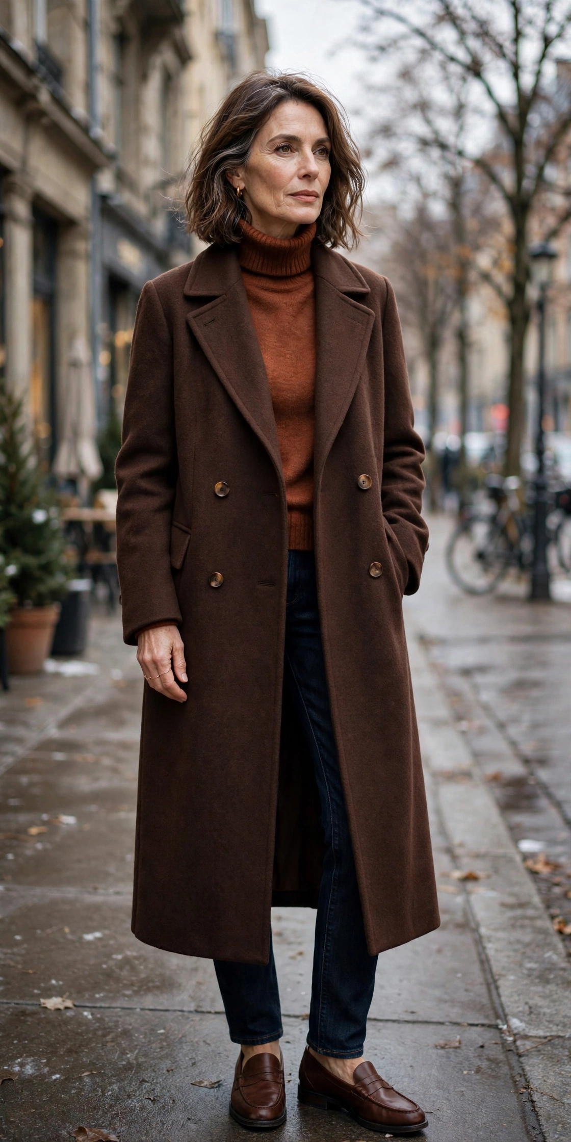 Woman over 50 in long chocolate brown wool coat with jeans and loafers