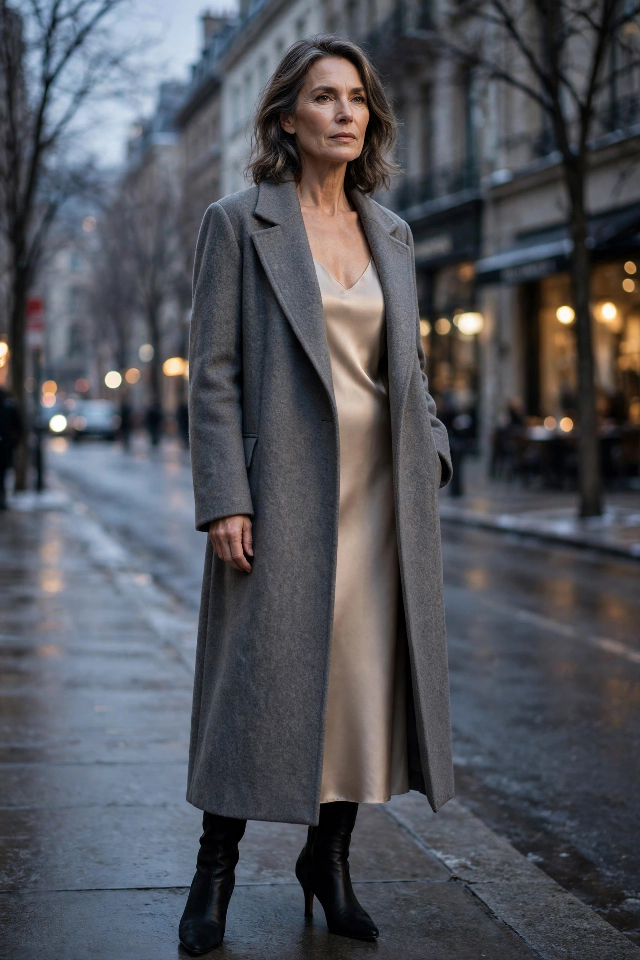 Woman over 50 in long gray wool coat over champagne slip dress evening