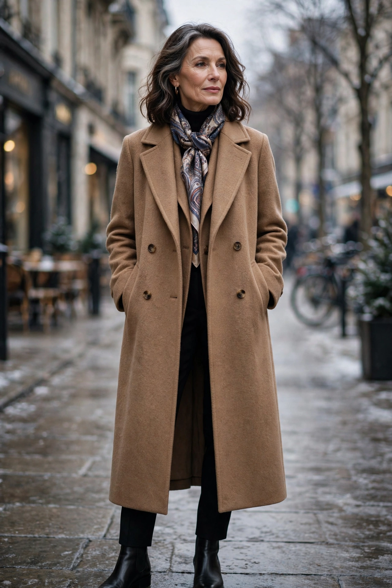 Woman over 50 in long camel wool coat with silk scarf at neck