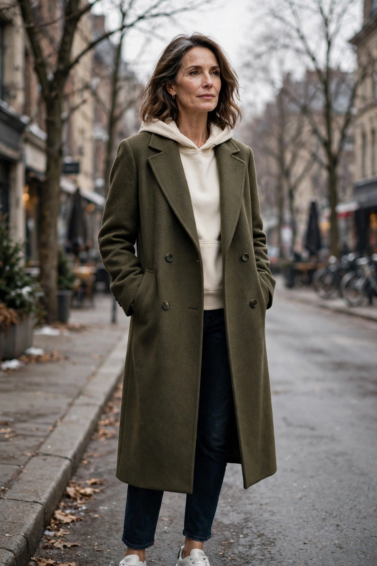 Woman over 50 in long olive wool coat over cream hoodie and sneakers
