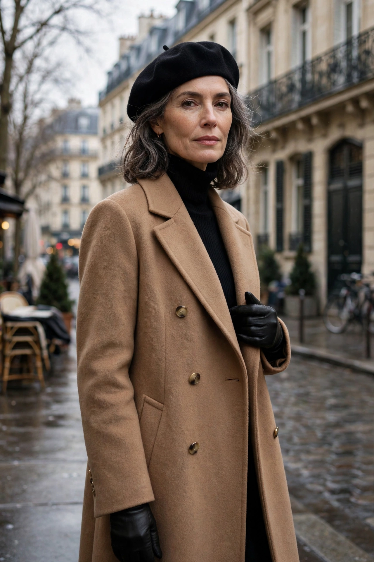 Woman over 50 in long camel wool coat with black beret Parisian style