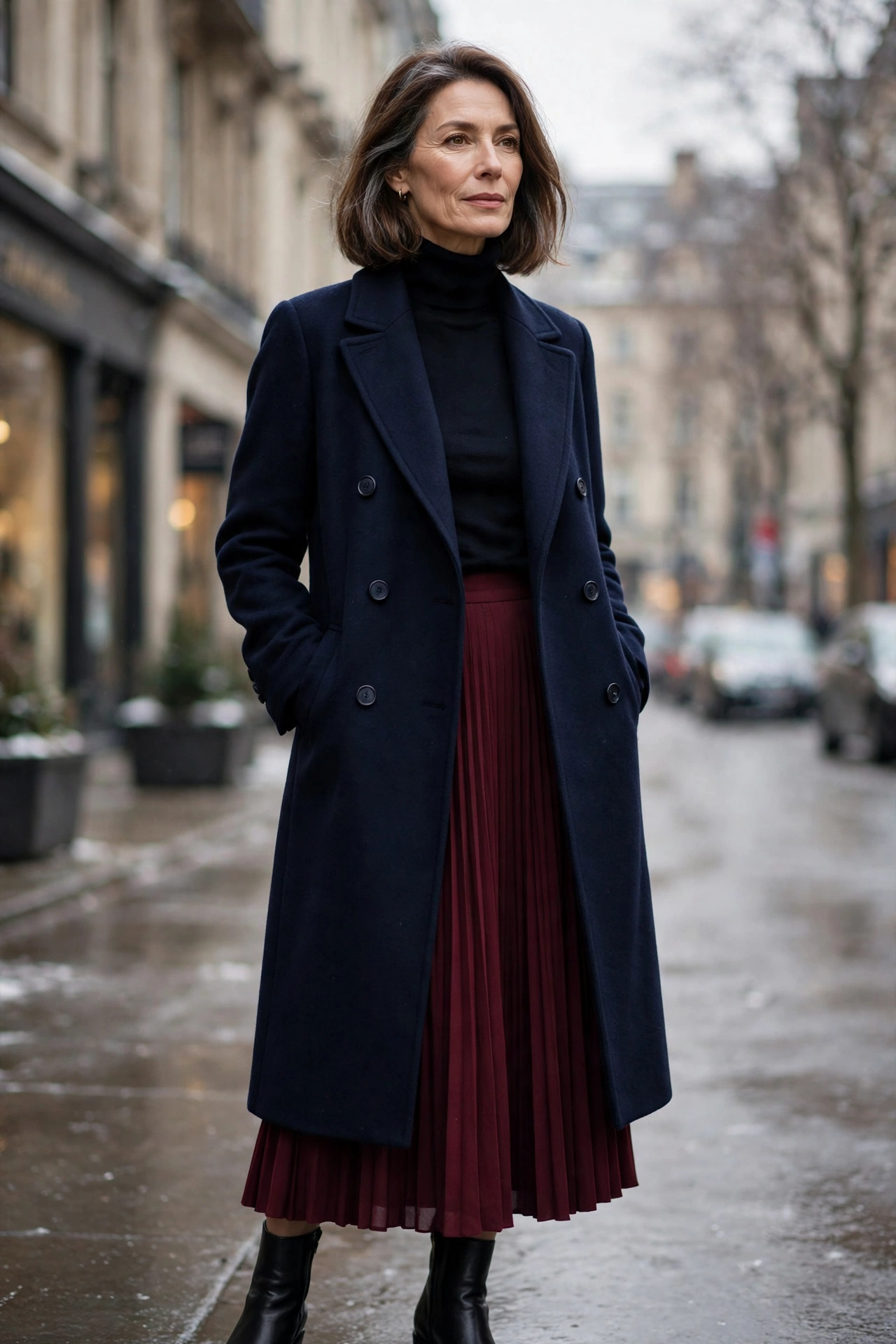 Woman over 50 in long navy wool coat with burgundy pleated midi skirt