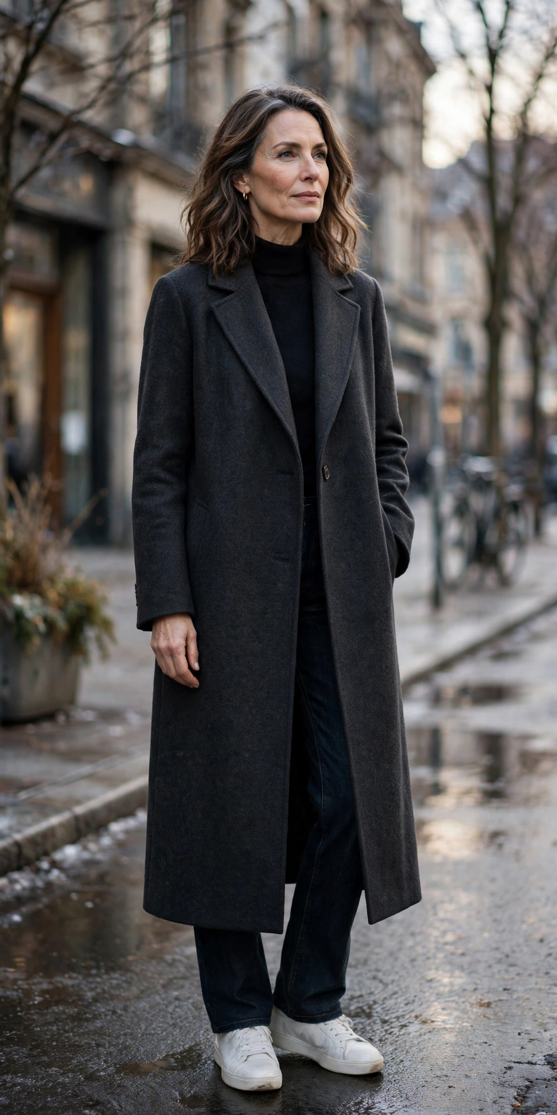 Woman over 50 in long charcoal wool coat with jeans and white sneakers