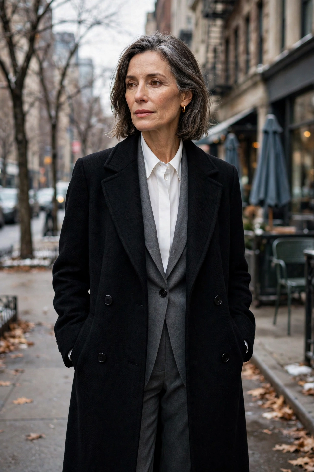 Woman over 50 in long black wool coat over gray pantsuit