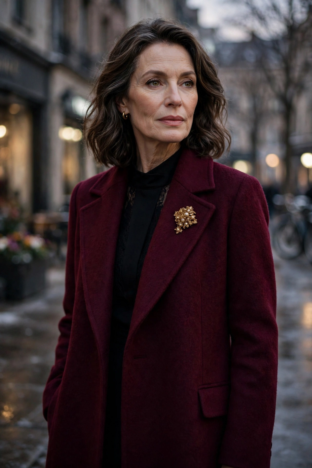 Woman over 50 in long burgundy wool coat with gold brooch at lapel