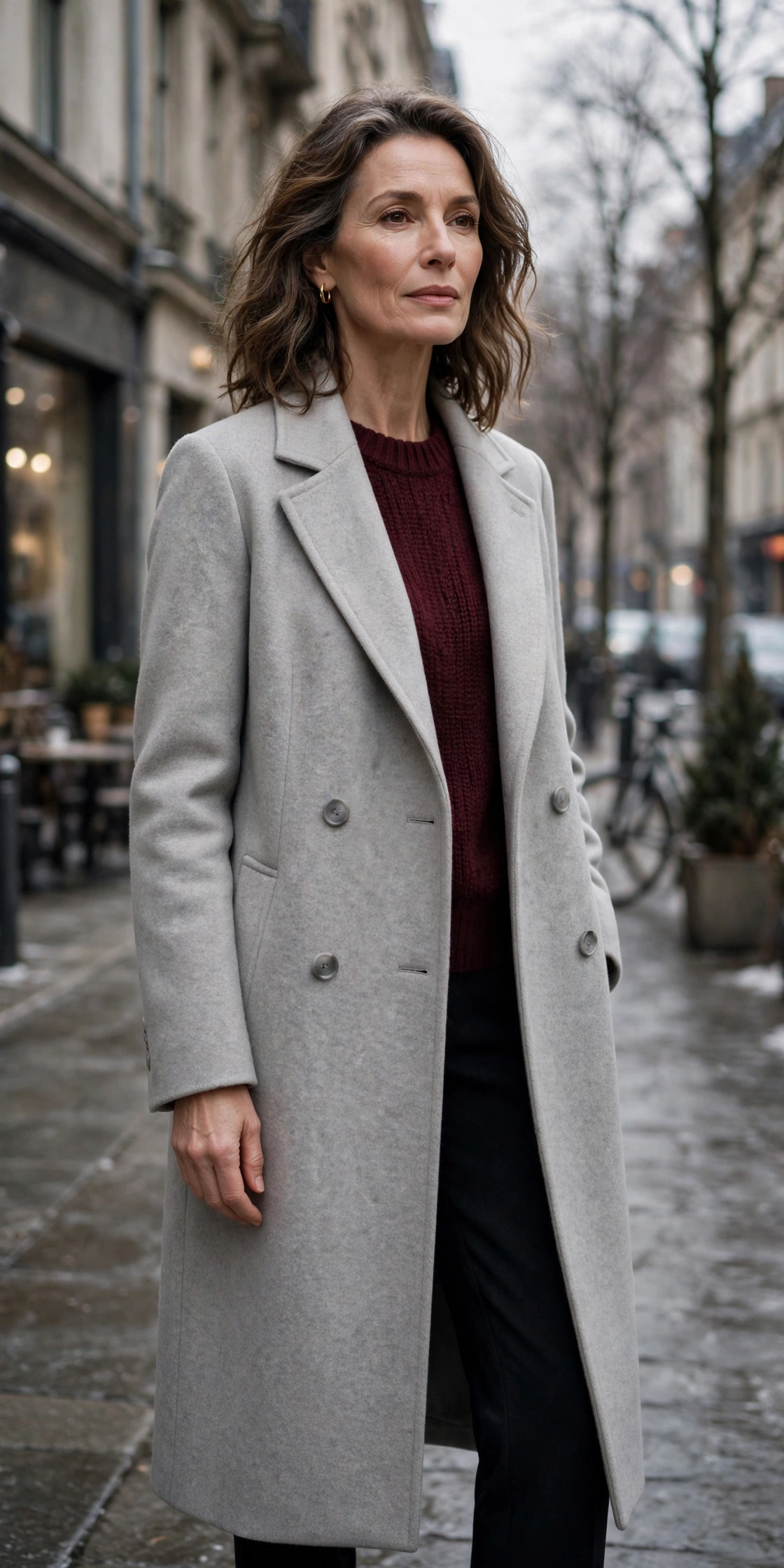 Woman over 50 in long gray wool coat over burgundy knit sweater