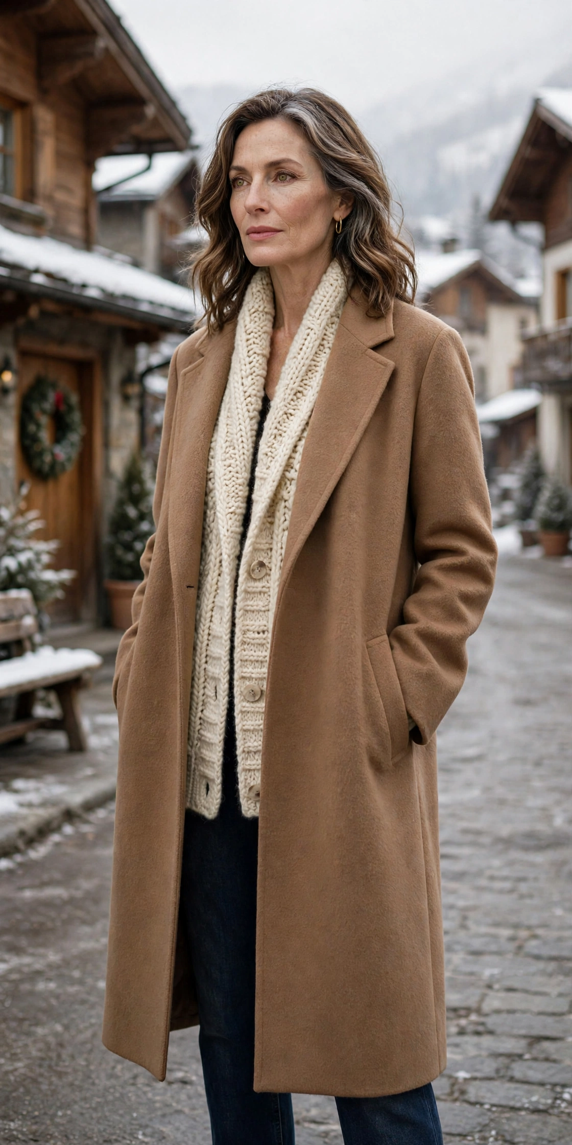 Woman over 50 in long camel wool coat layered over chunky cardigan