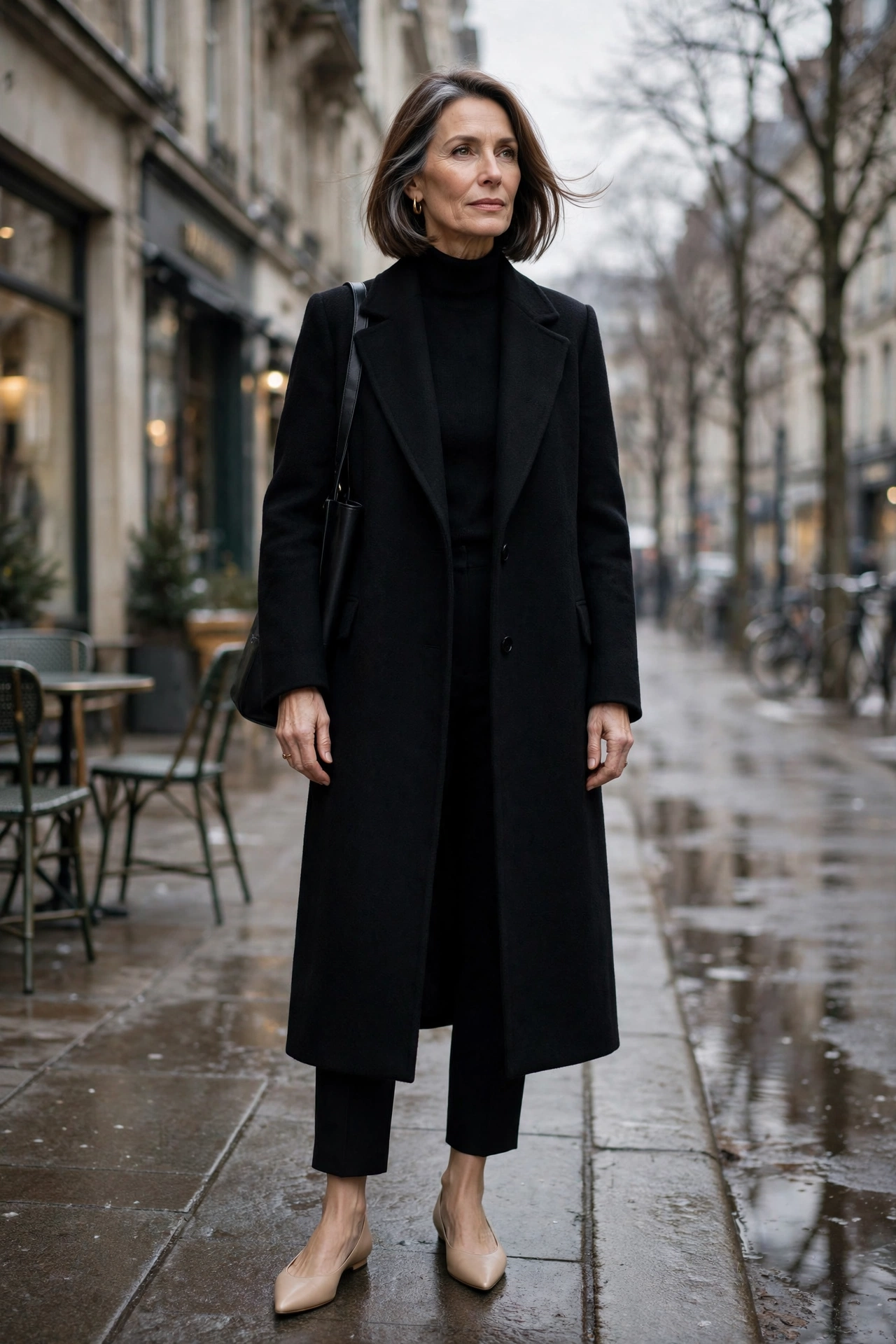 Woman over 50 in long black wool coat with cropped trousers and nude flats